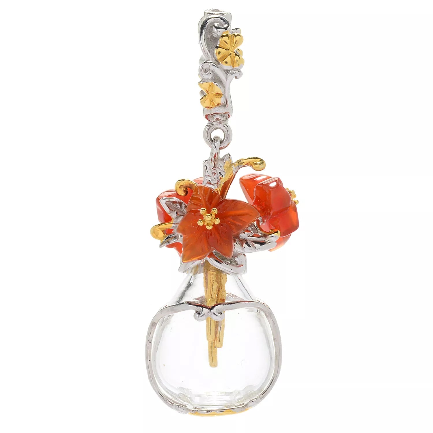 Gems en Vogue Carved Red Agate Hibiscus & Glass Vase Flower Dangle Charm
