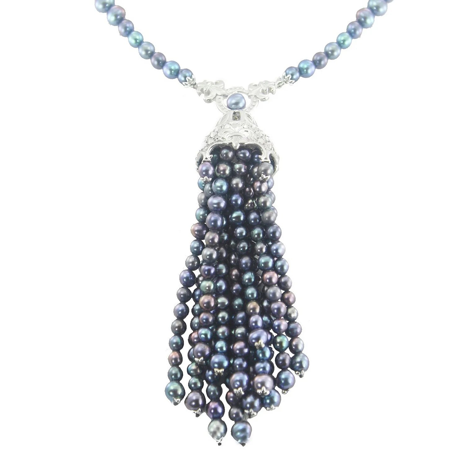 Maison De Gems Sterling Silver Marcasite and Peacock Pearl Tassel Necklace