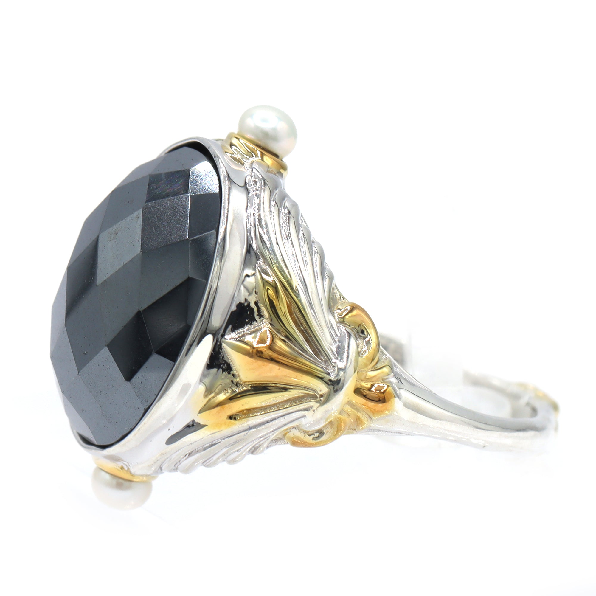 Gems en Vogue 24K Palladium Silver Black Hematite & Pearl Ring