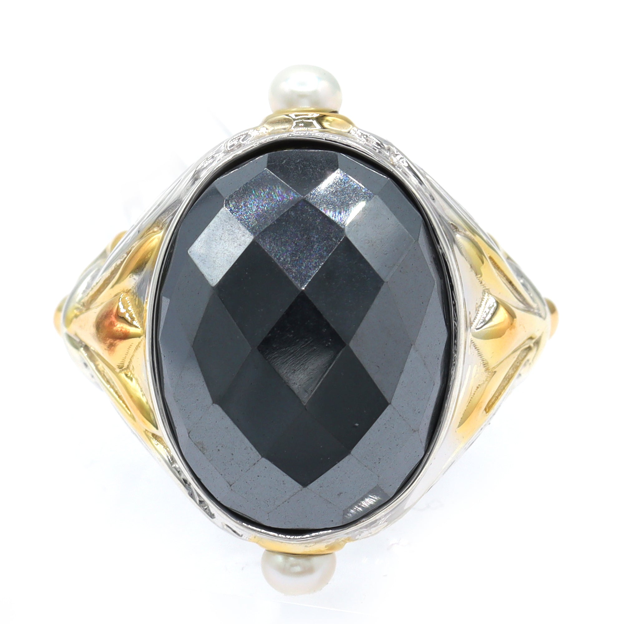 Gems en Vogue 24K Palladium Silver Black Hematite & Pearl Ring