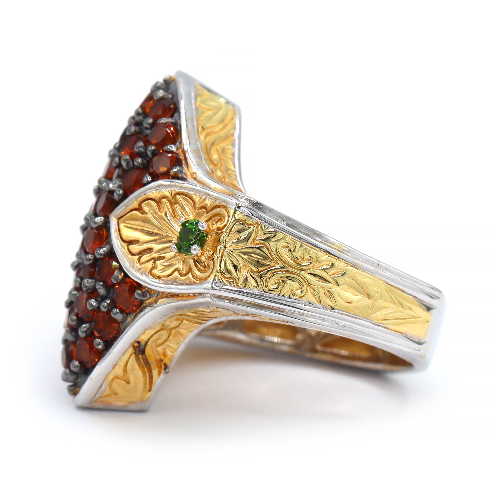 Gems en Vogue 24K Palladium Silver 1.68ctw Fire Citrine & Chrome Diopside Pave Engraved Ring