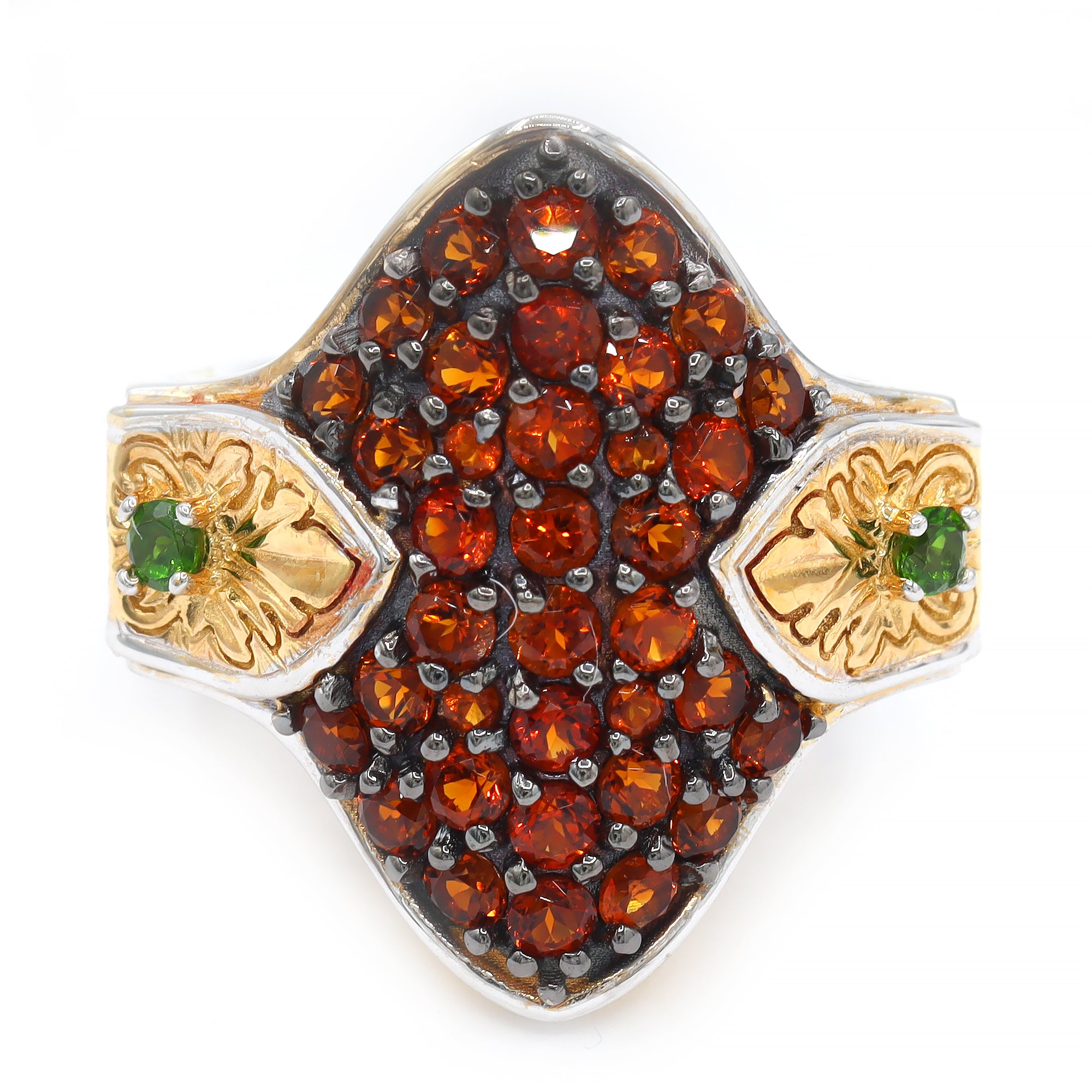 Gems en Vogue 24K Palladium Silver 1.68ctw Fire Citrine & Chrome Diopside Pave Engraved Ring