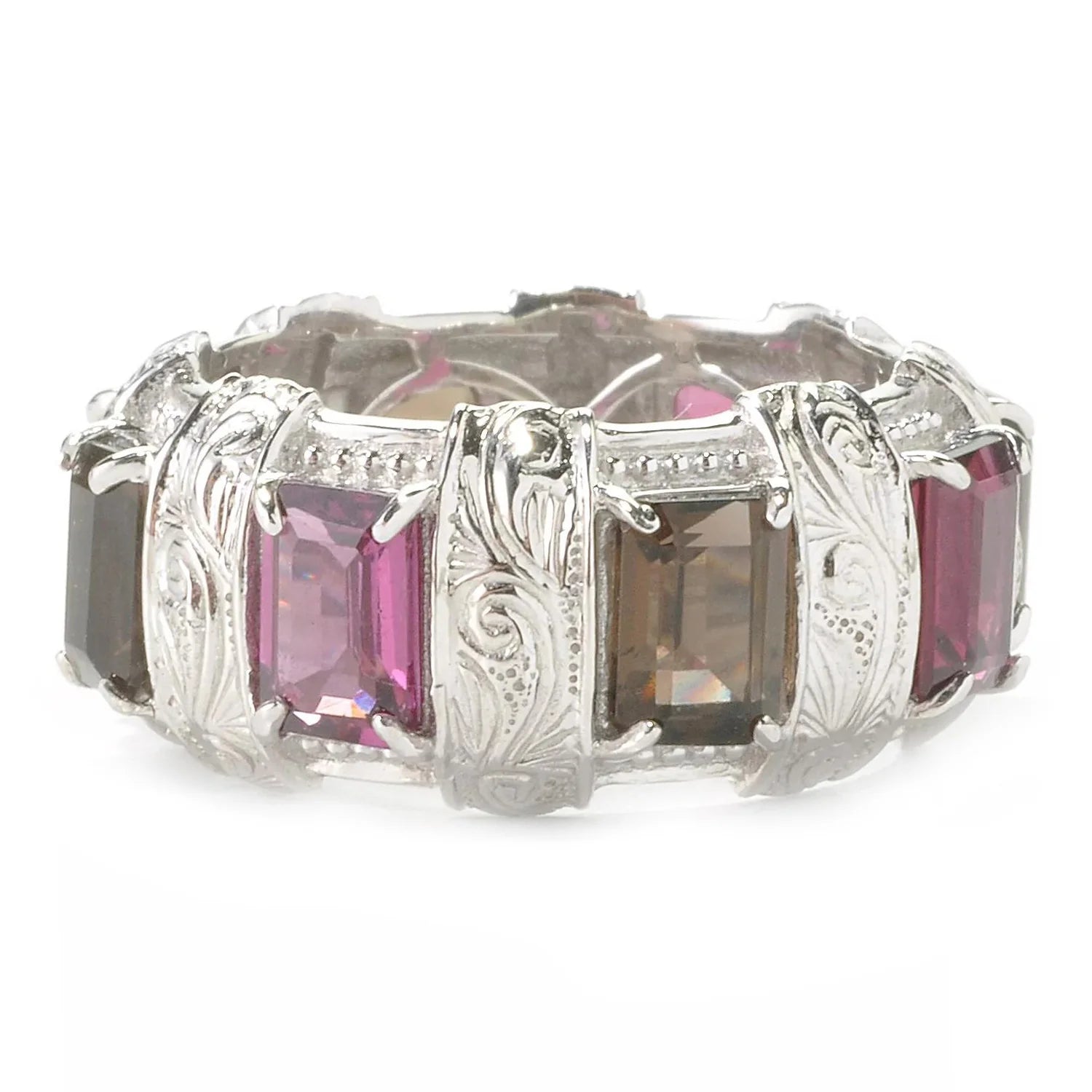 Gems en Vogue 3.70ctw Rhodolite Garnet & Smoky Quartz Engraved Band Eternity Ring