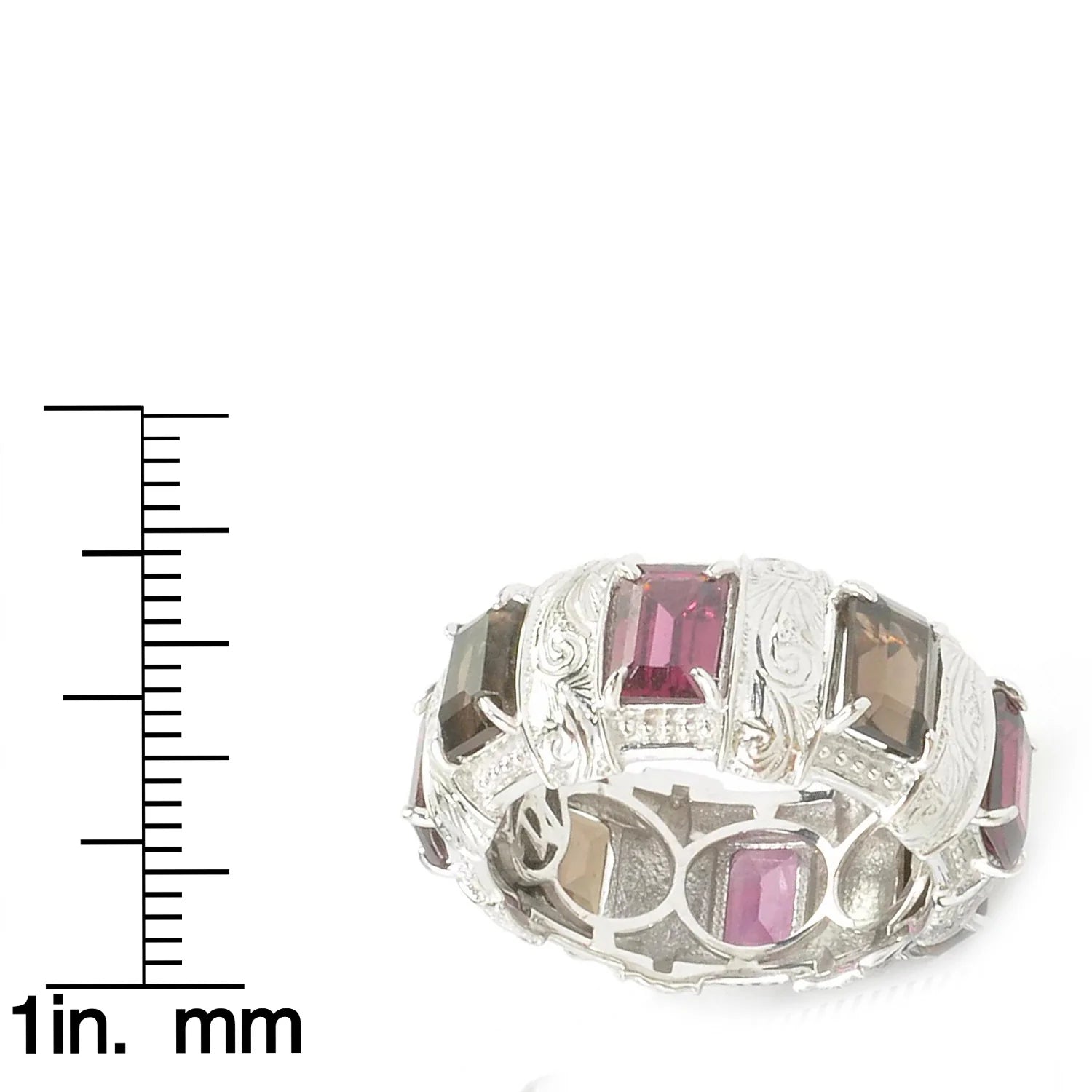 Gems en Vogue 3.70ctw Rhodolite Garnet & Smoky Quartz Engraved Band Eternity Ring