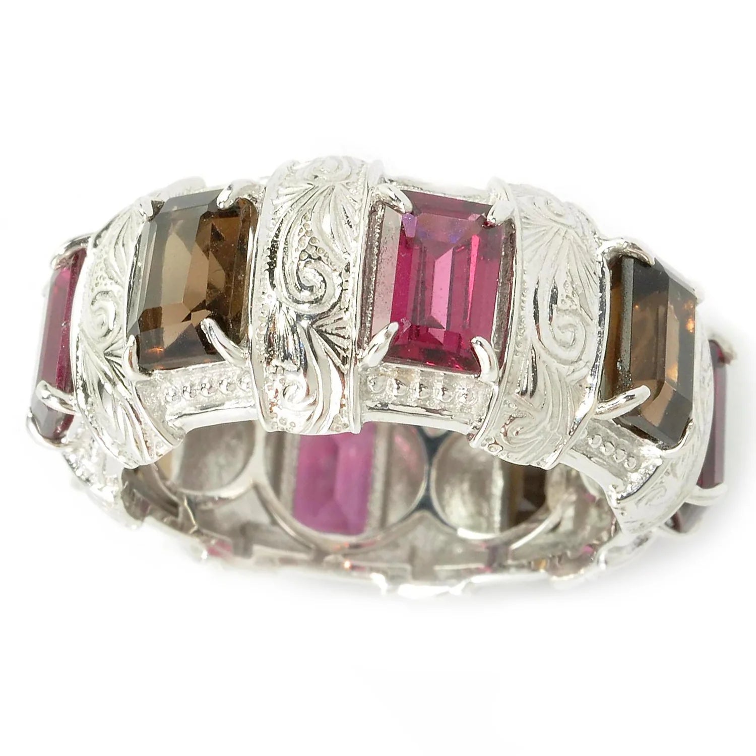 Gems en Vogue 3.70ctw Rhodolite Garnet & Smoky Quartz Engraved Band Eternity Ring