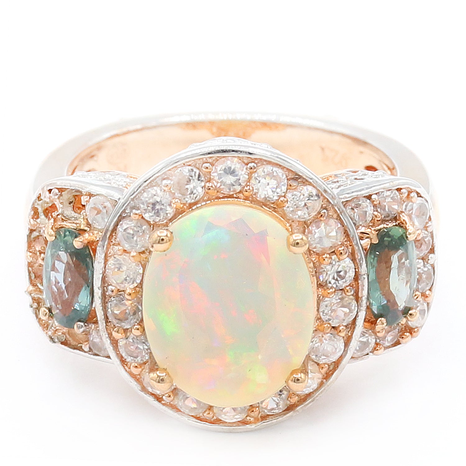 Gems en Vogue 4.10ctw Ethiopian Opal, Teal Sapphire & White Zircon Ring