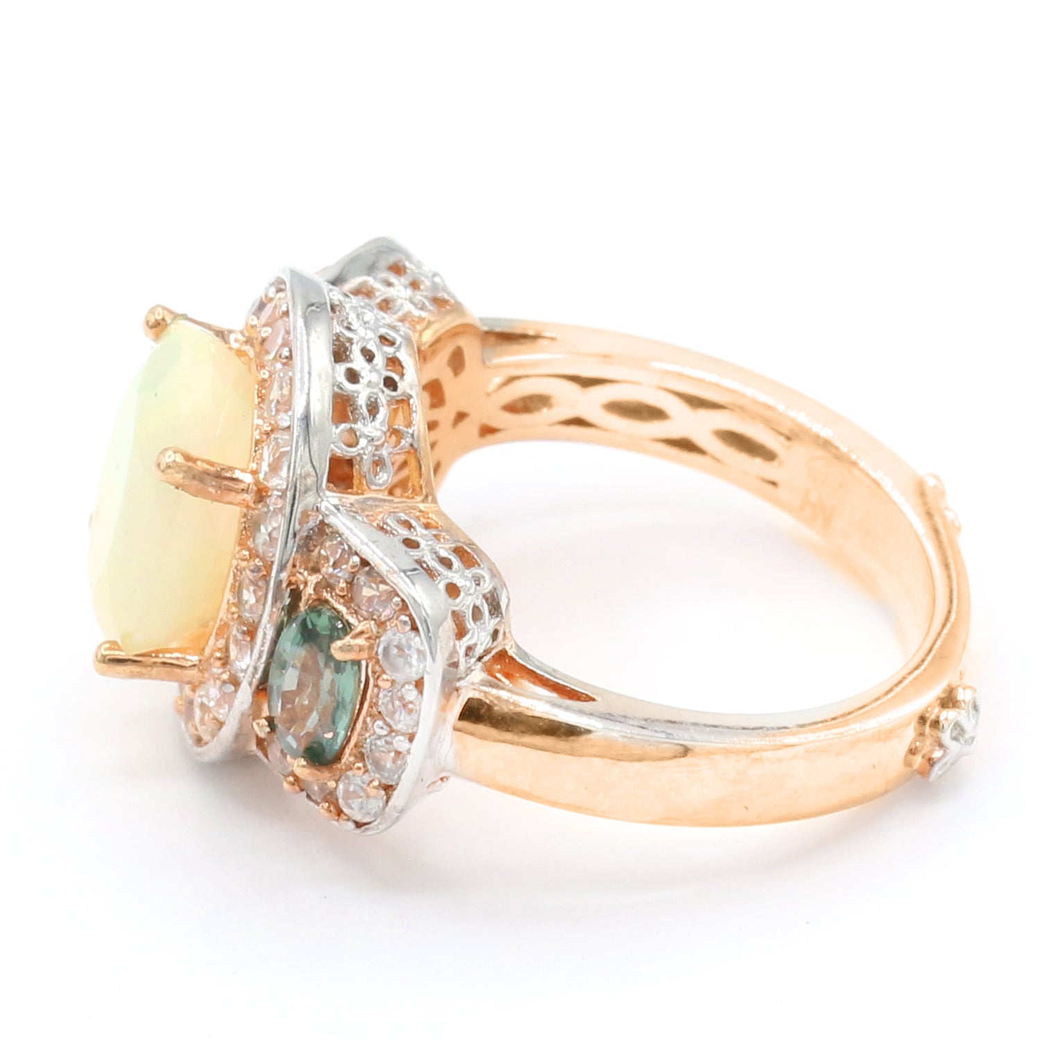 Gems en Vogue 4.10ctw Ethiopian Opal, Teal Sapphire & White Zircon Ring