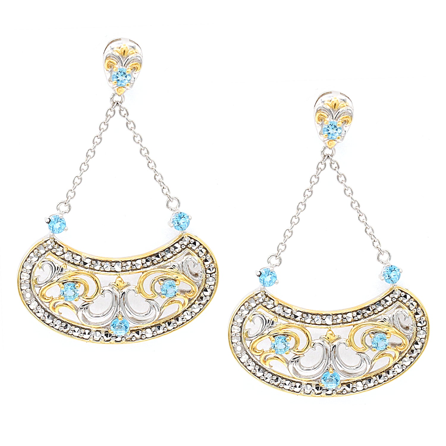 Gems en Vogue 1.68ctw Blue Zircon & Marcasite Fan Drop Earrings