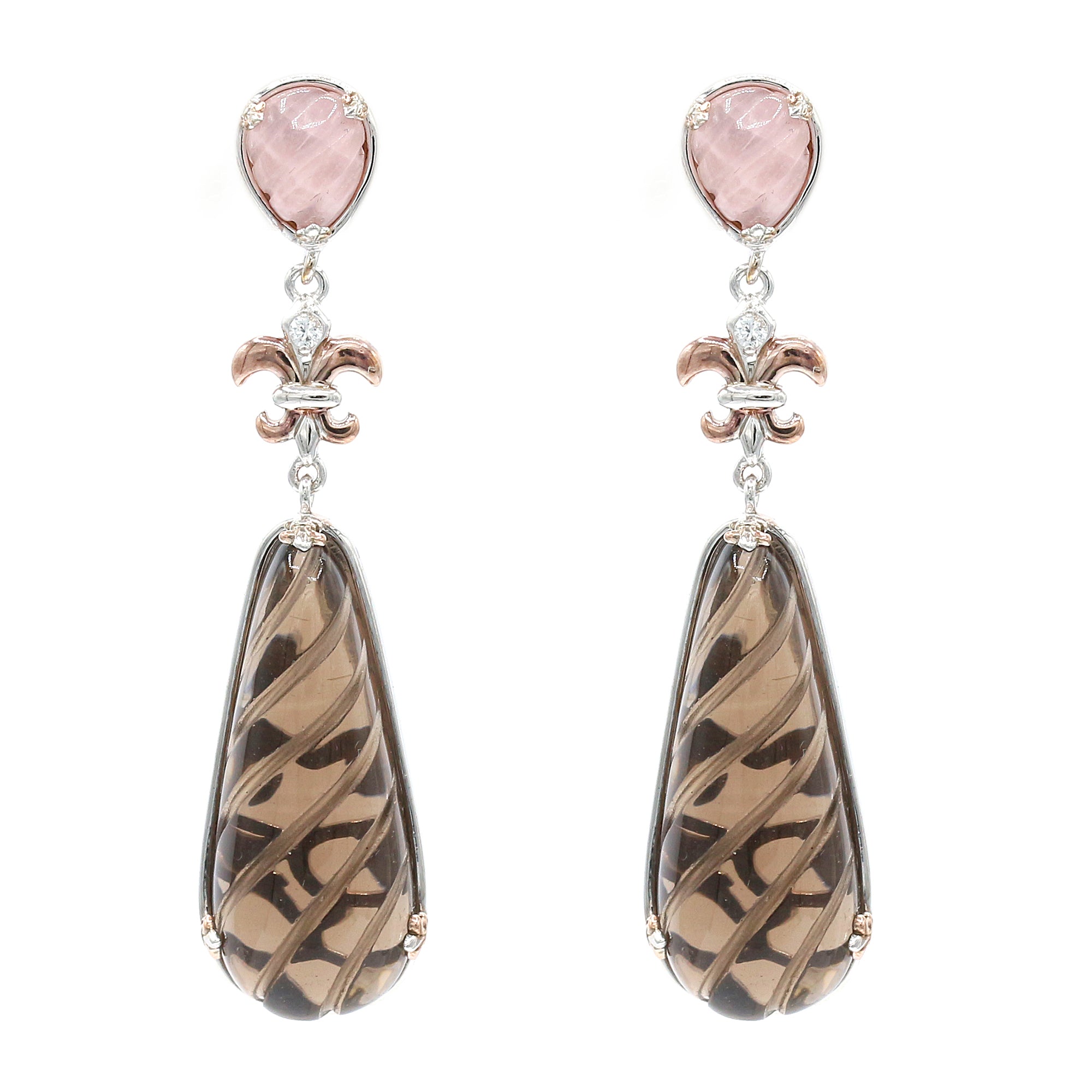 Gems en Vogue 18K Palladium Silver Special Cut Smoky Quartz & Rose Quartz Drop Earrings