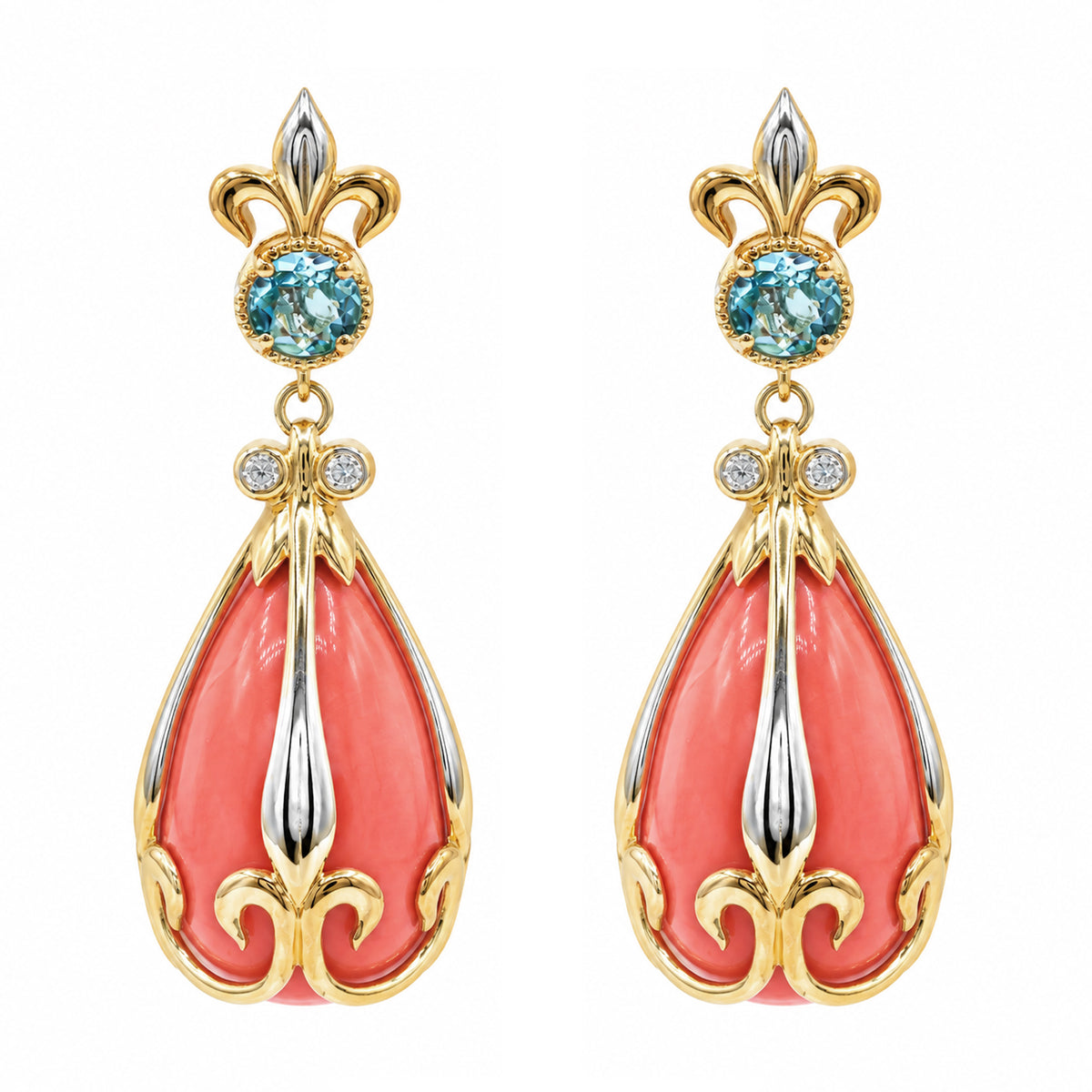 Gems en Vogue 24K Palladium Silver Salmon Coral & Swiss Blue Topaz Drop Earrings