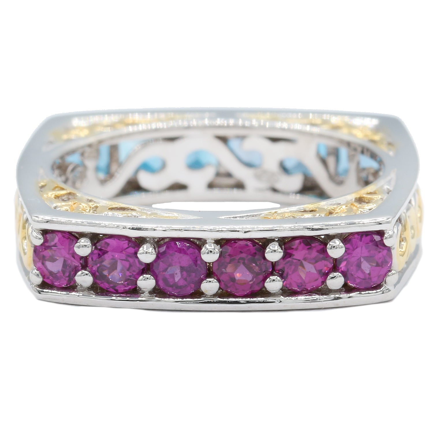 Bague réversible Gems en Vogue en topaze bleu de Londres et grenat rhodolite 1,86 ct impossible à redimensionner