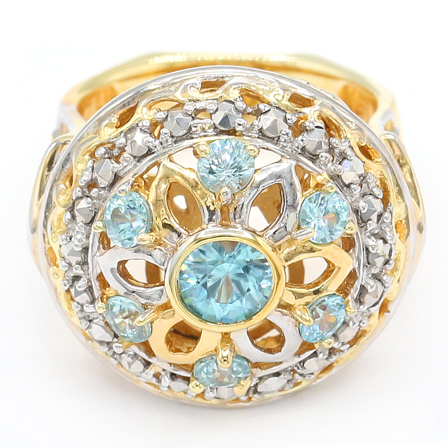 Gems en Vogue 2.00ctw Blue Zircon & Marcasite Flower Ring