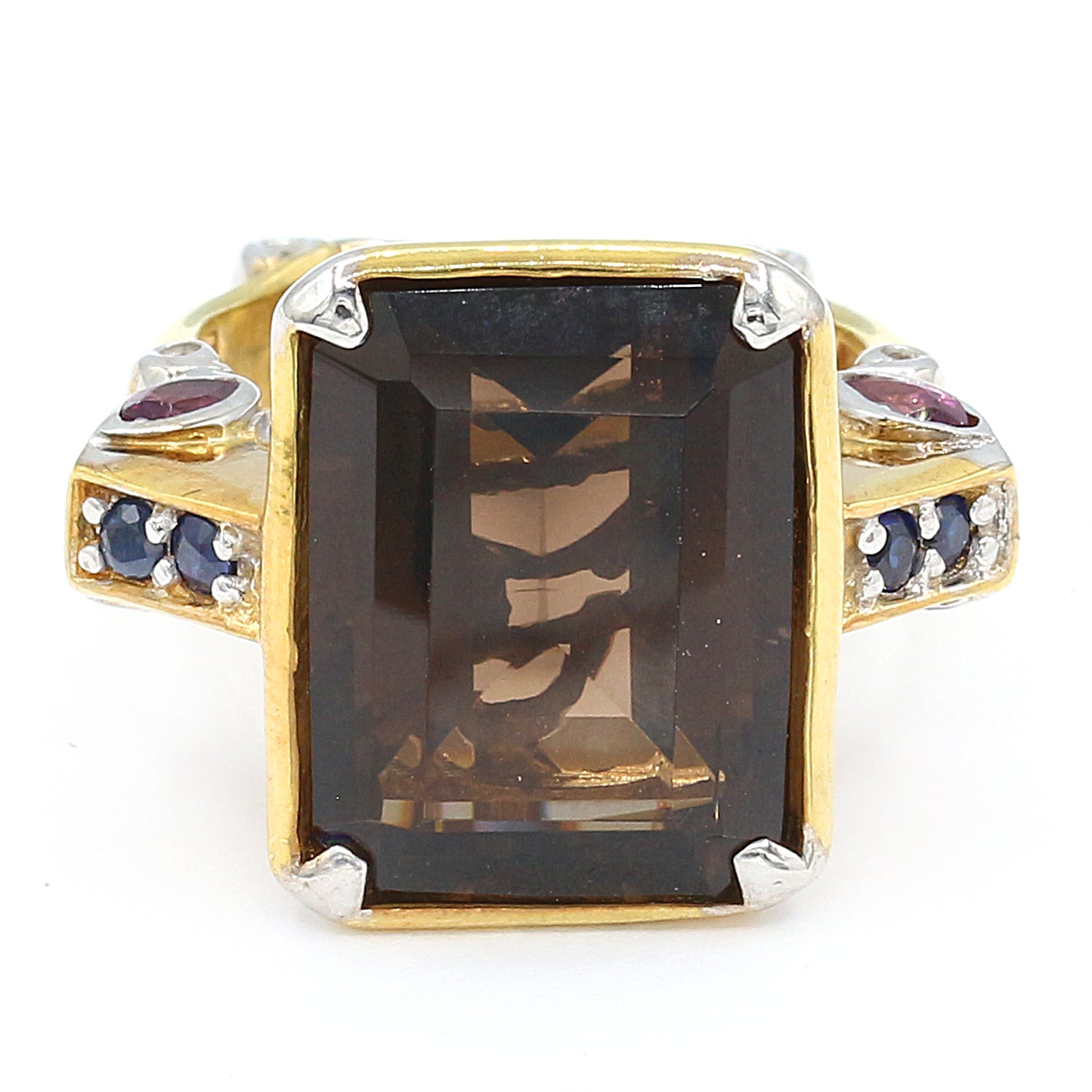 Gems en Vogue 11.17ctw Smoky Quartz, Rhodolite & Blue Sapphire Ring
