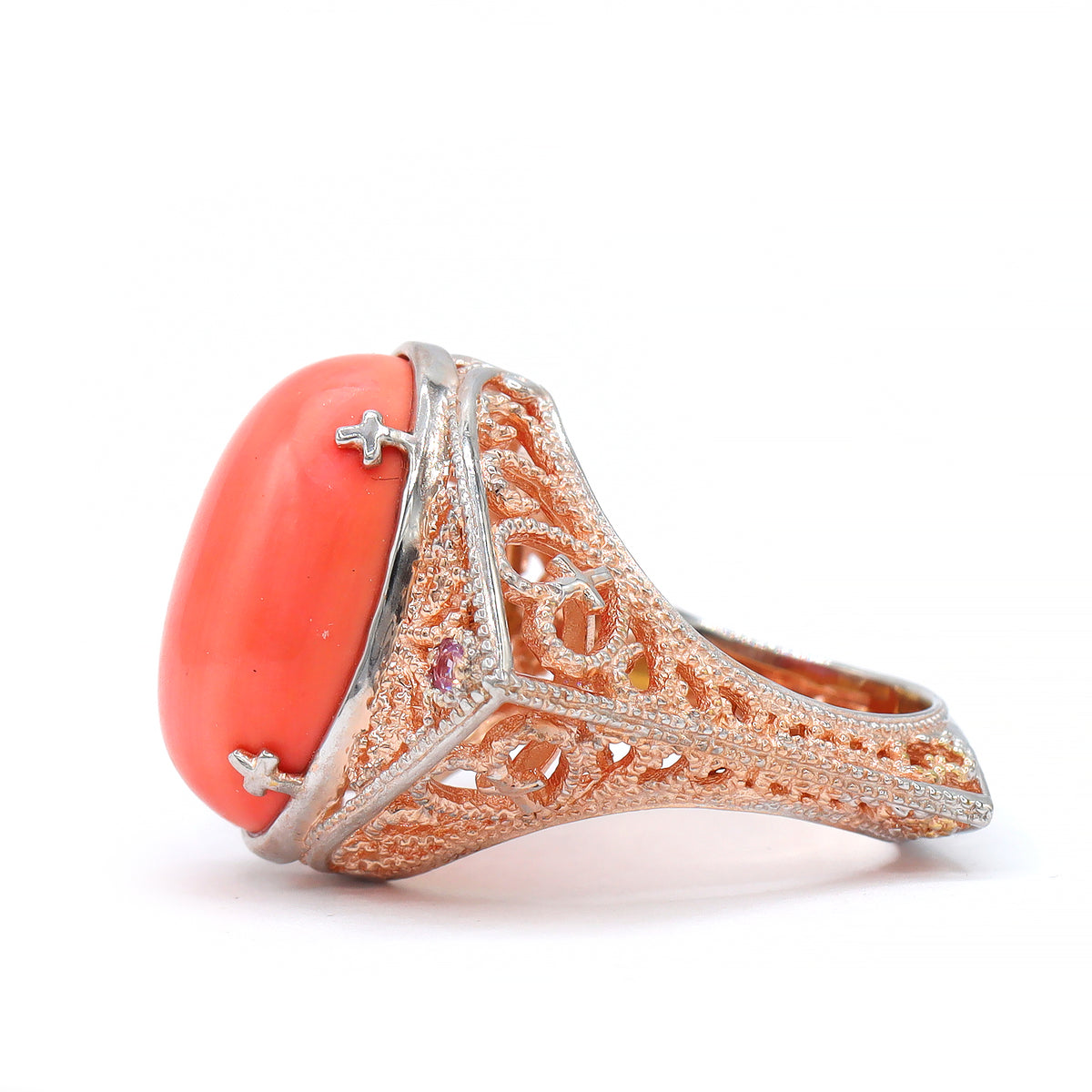 Gems en Vogue 18K Palladium Silver Salmon Coral & Pink Sapphire Ring CANNOT BE RESIZED