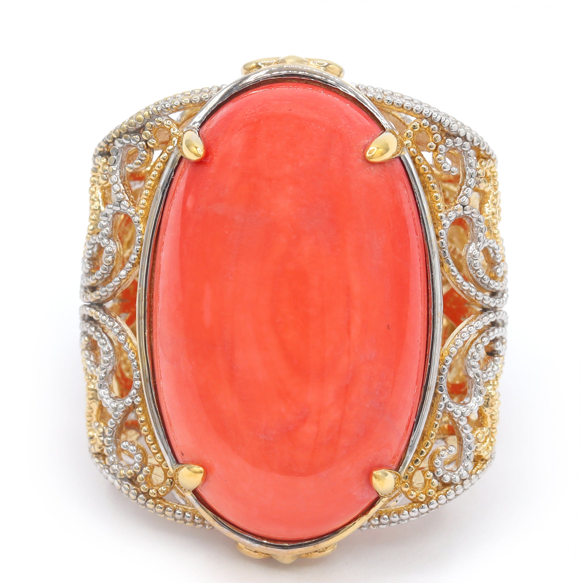 Gems en Vogue 24K Palladium Silver Salmon Coral Filigree Ring