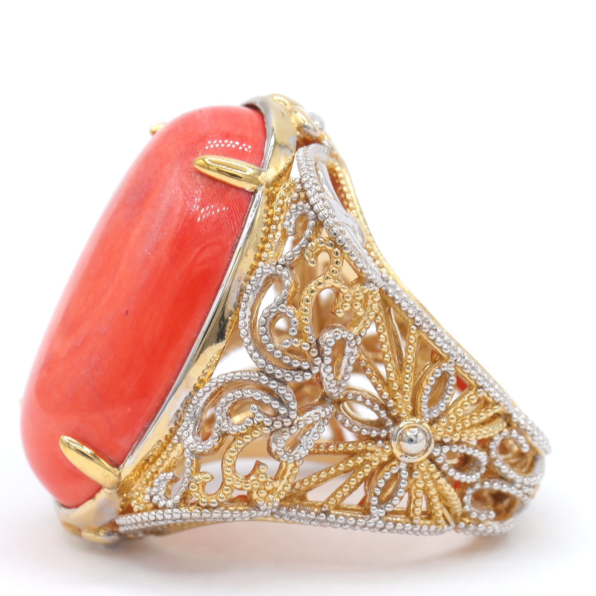 Gems en Vogue 24K Palladium Silver Salmon Coral Filigree Ring