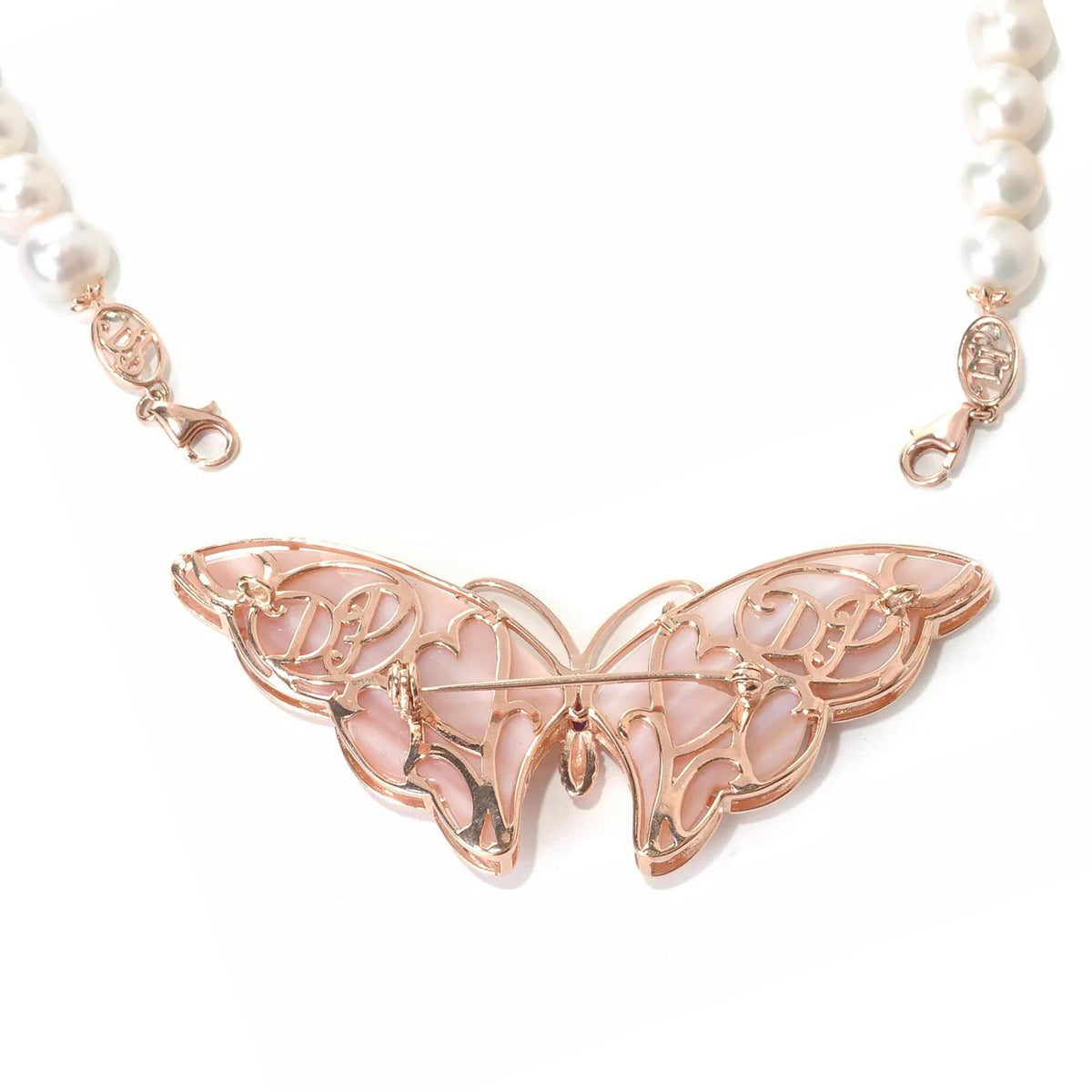 Gems en Vogue 18K Palladium Silver Pink Mother of Pearl & Pearl Bead Butterfly Brooch/Necklace