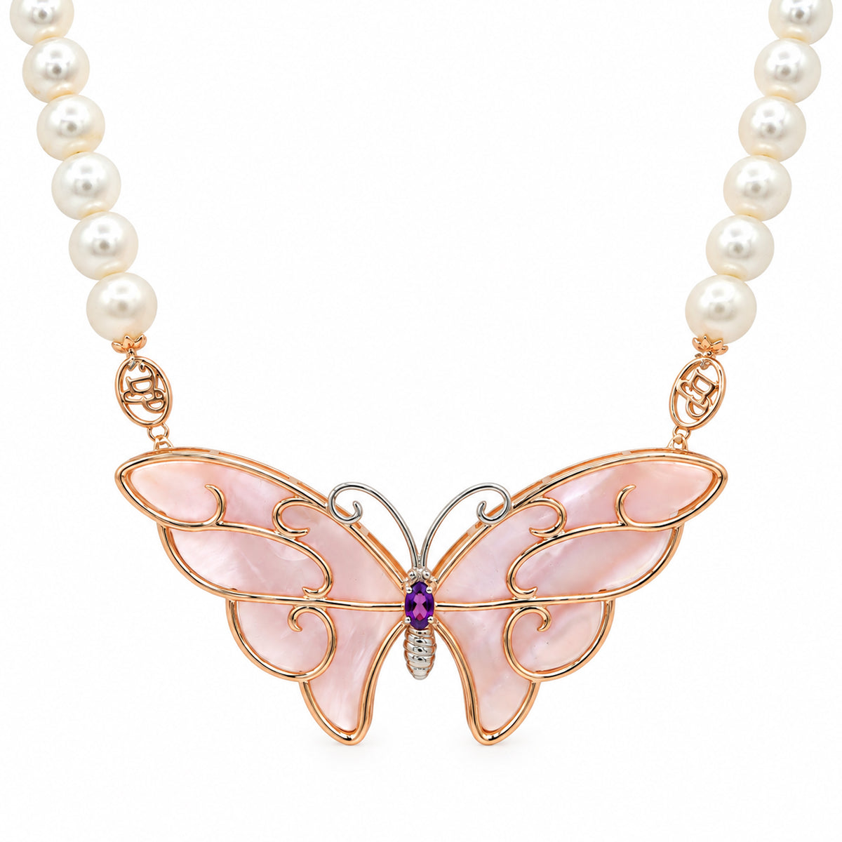 Gems en Vogue 18K Palladium Silver Pink Mother of Pearl & Pearl Bead Butterfly Brooch/Necklace