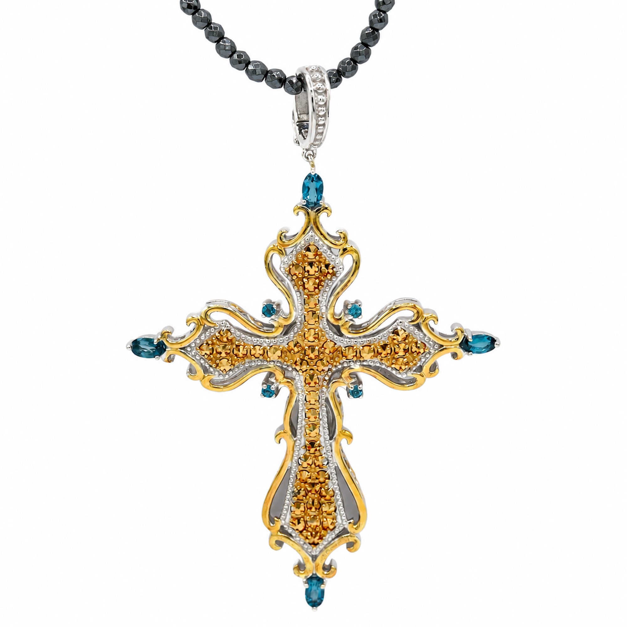 Gems en Vogue 24K Palladium Silver London Blue Topaz & Hematite Beads Cross Pendant