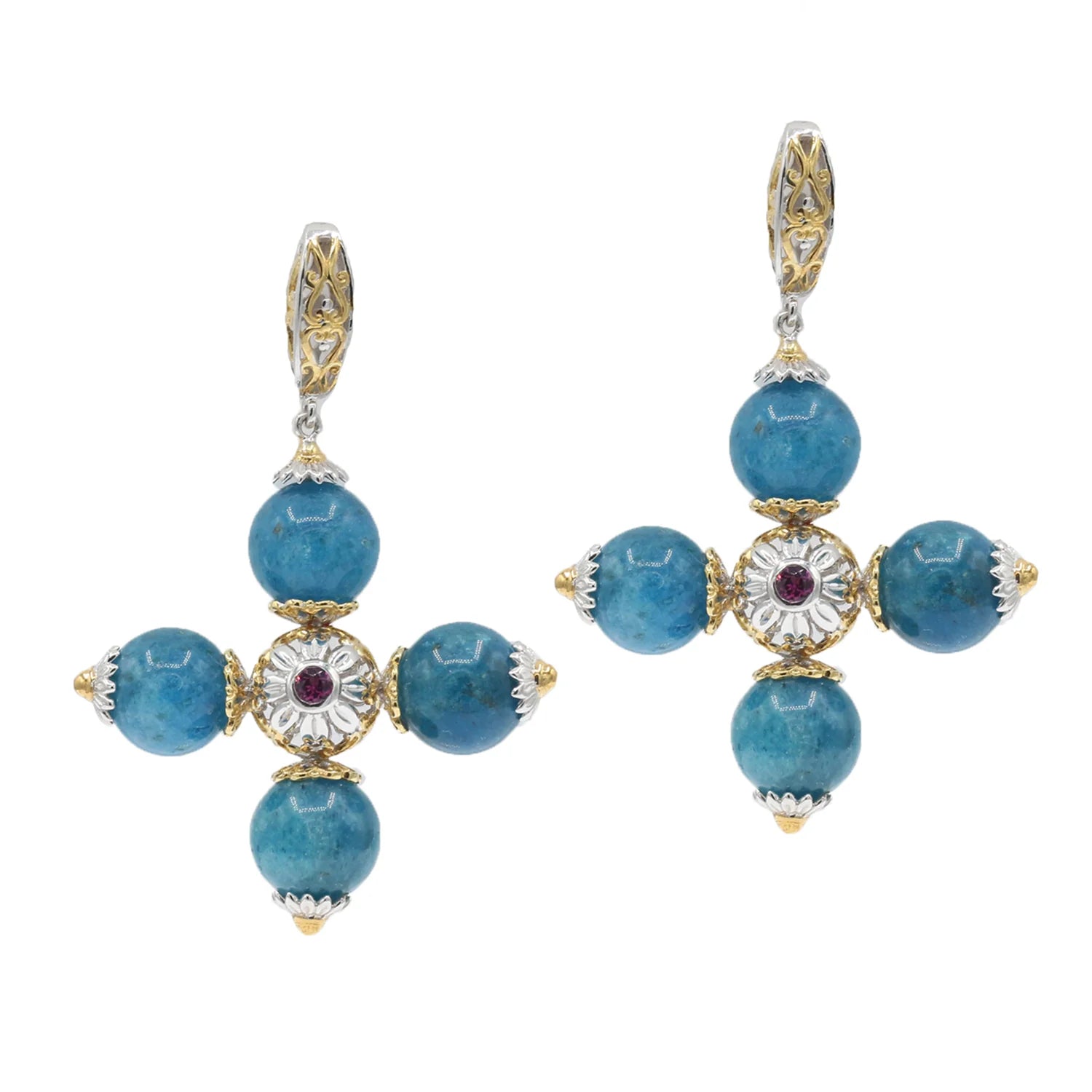 Gems en Vogue Apatite Bead & Rhodolite Cross Drop Earrings