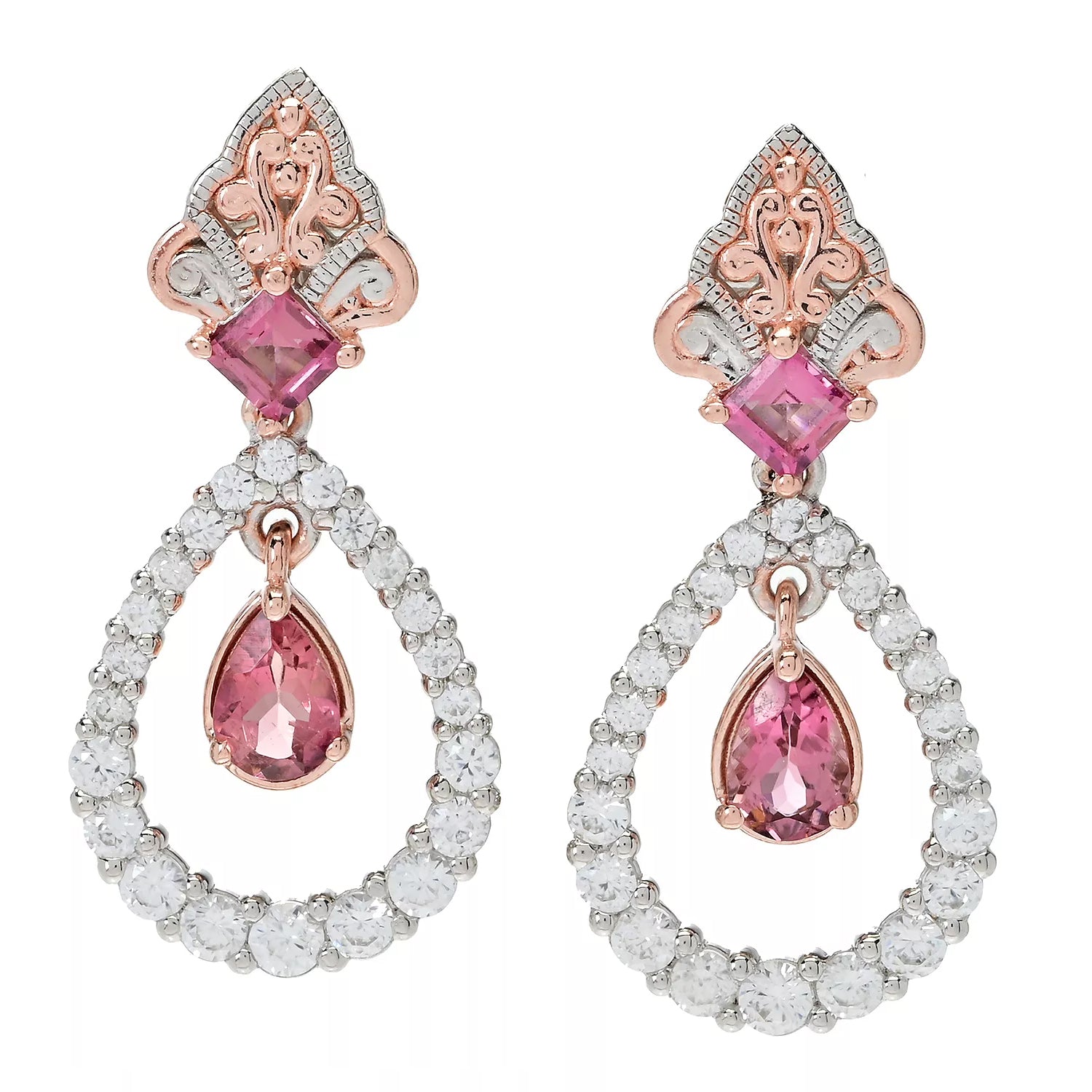 Gems en Vogue 3.62ctw Pink Tourmaline & White Zircon Drop Earrings