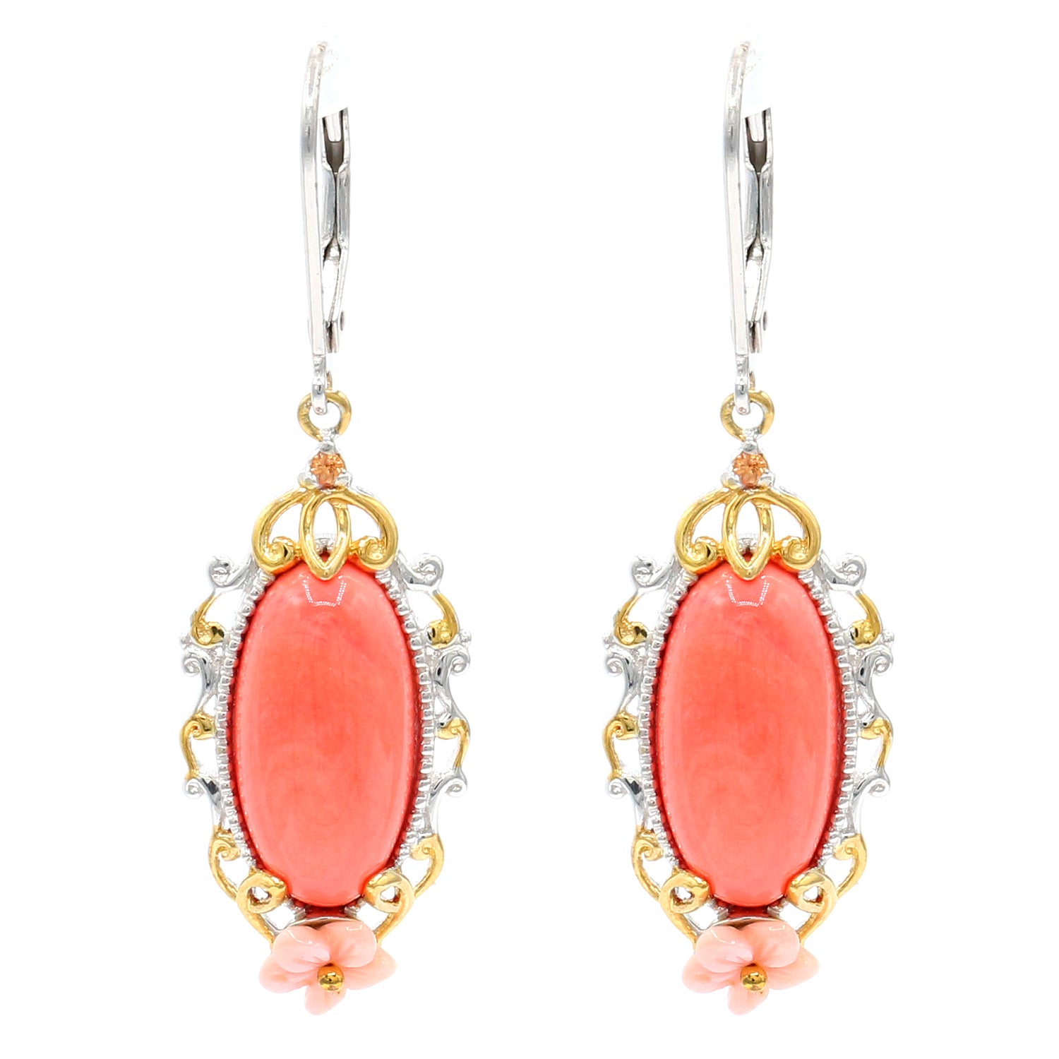 Gems en Vogue Salmon Coral, Pink Shell & Orange Sapphire Flower Drop Earrings