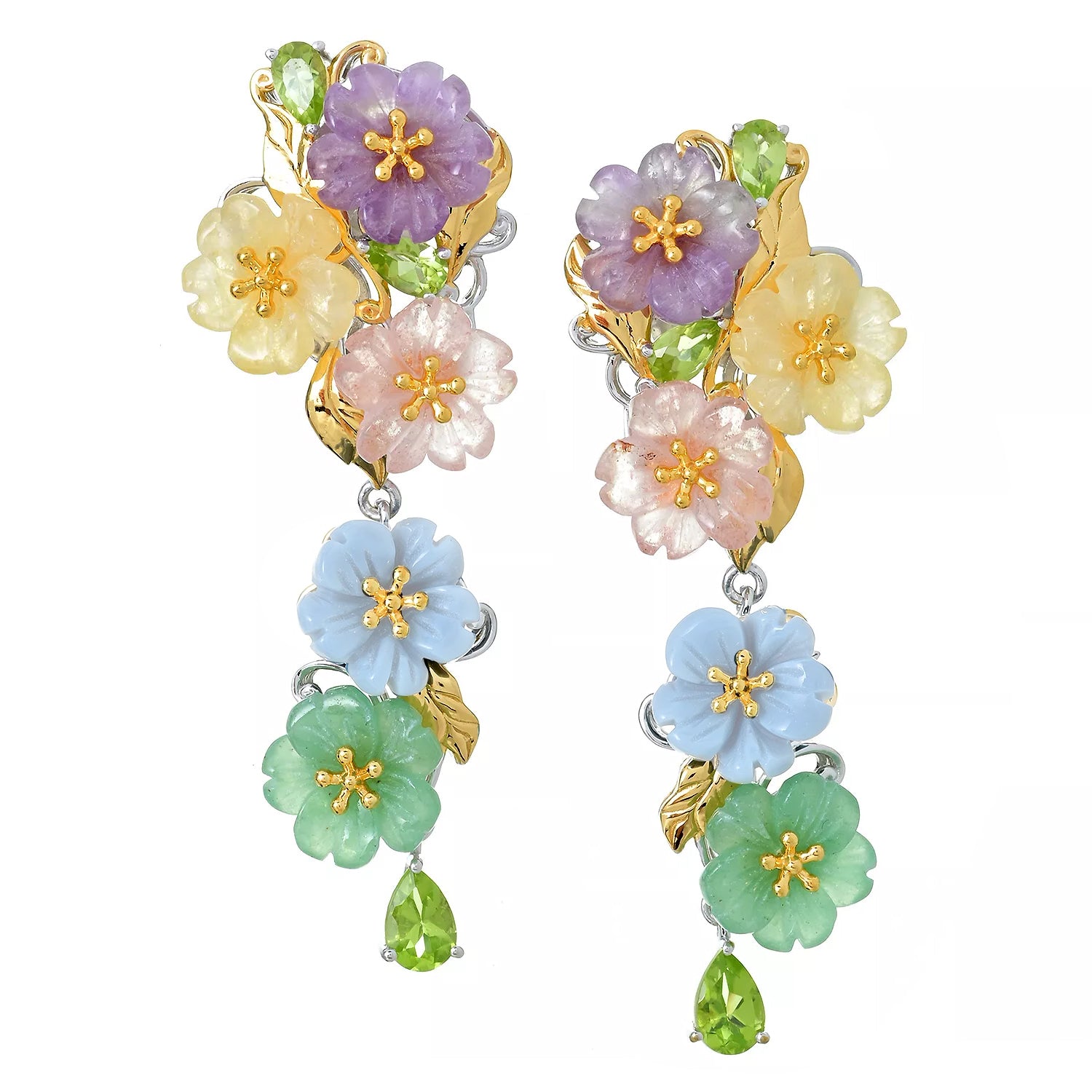 Gems en Vogue 1.68ctw Multi Gemstones Carved Flower Drop Earrings