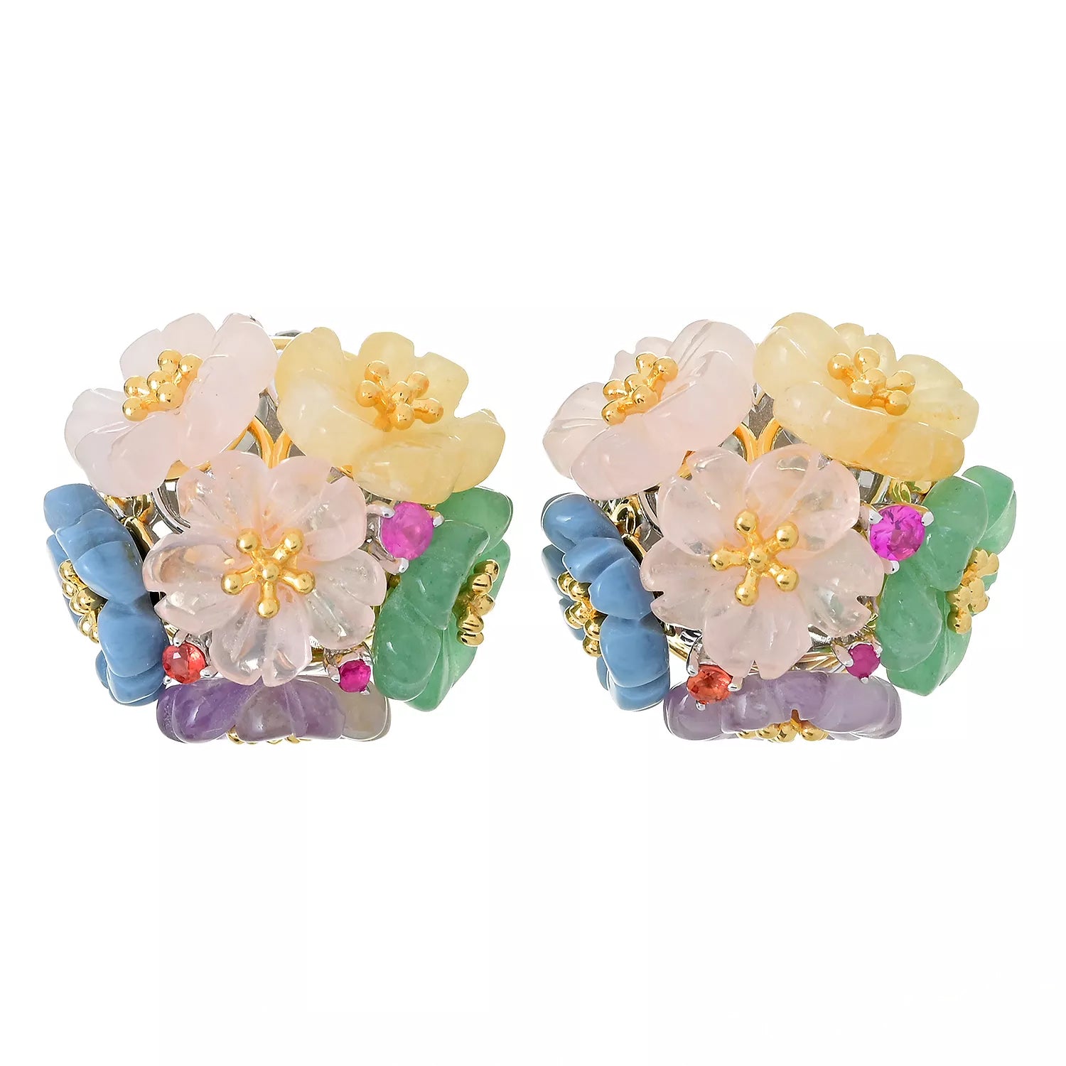 Gems en Vogue 0.29ctw Multi Gemstones Carved Flower Stud Earrings