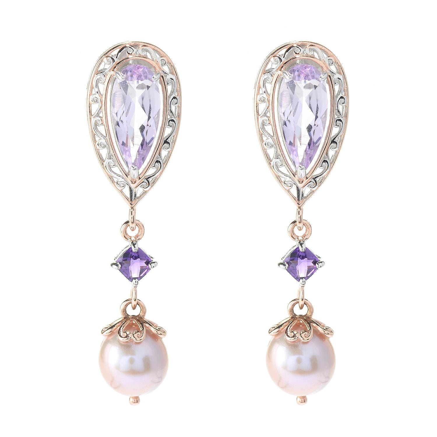 Gems en Vogue 4.46ctw Pink Amethyst & Pearl Drop Earrings