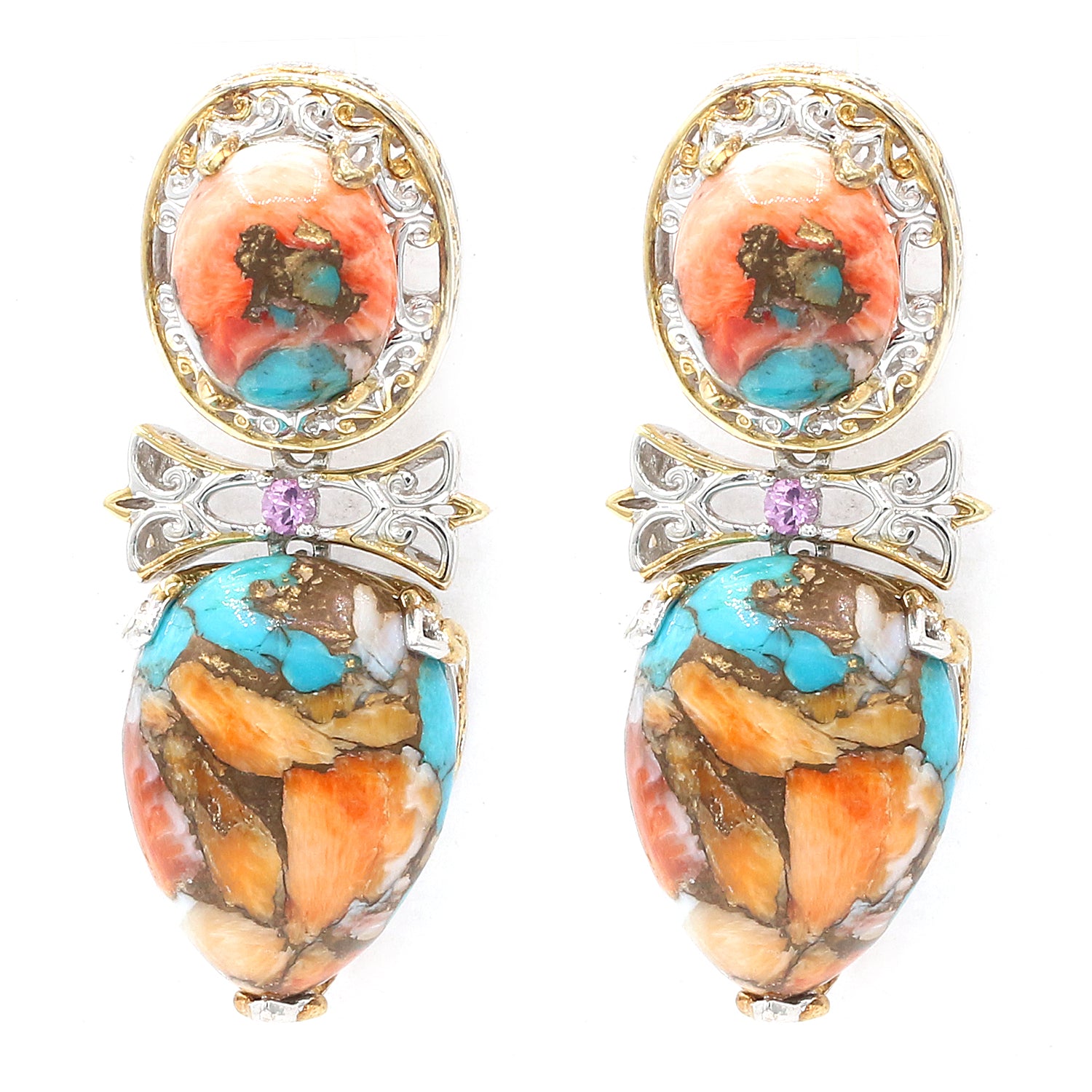 Gems en Vogue Spiny Oyster Turquoise & Pink Sapphire Drop Earrings