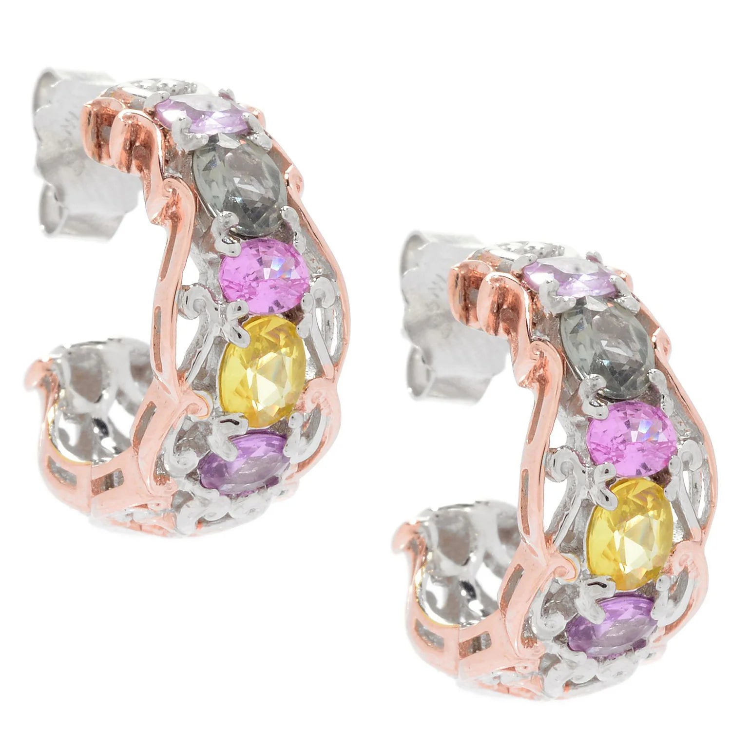 Gems en Vogue 2.26ctw Multi Color Pastel Sapphire Hoop Earrings