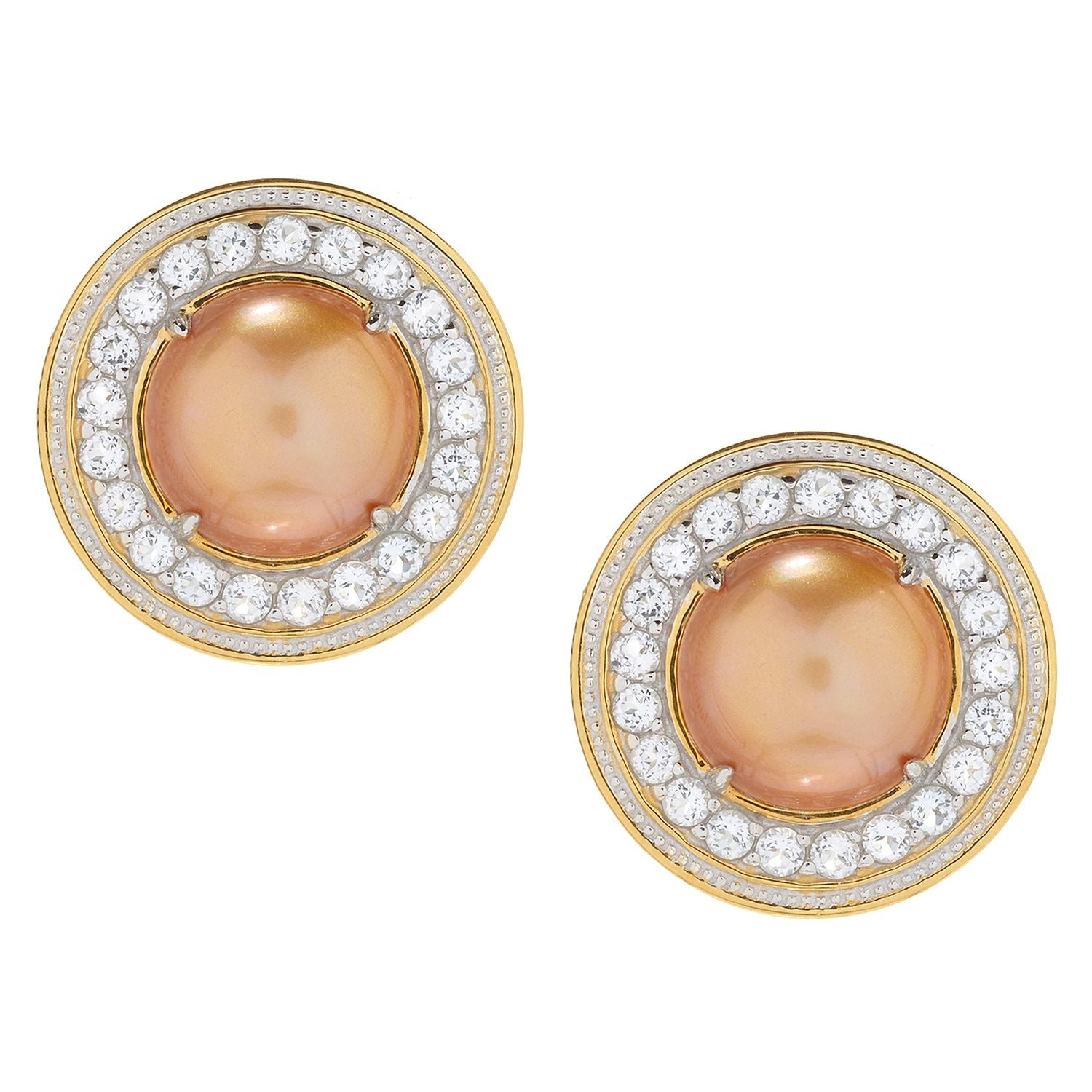 Gems en Vogue Golden Mabe Pearl & White Topaz Halo Palace of Fine Arts Earrings