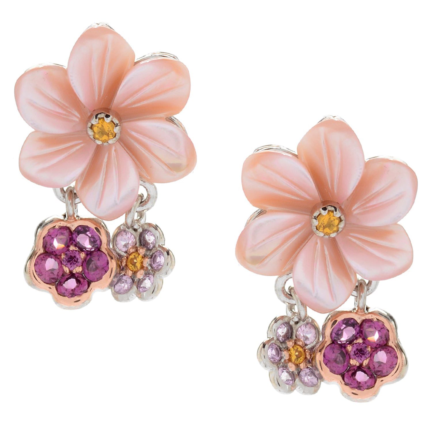 Gems en Vogue Carved Pink Shell & Multi Gemstones Flower Earrings