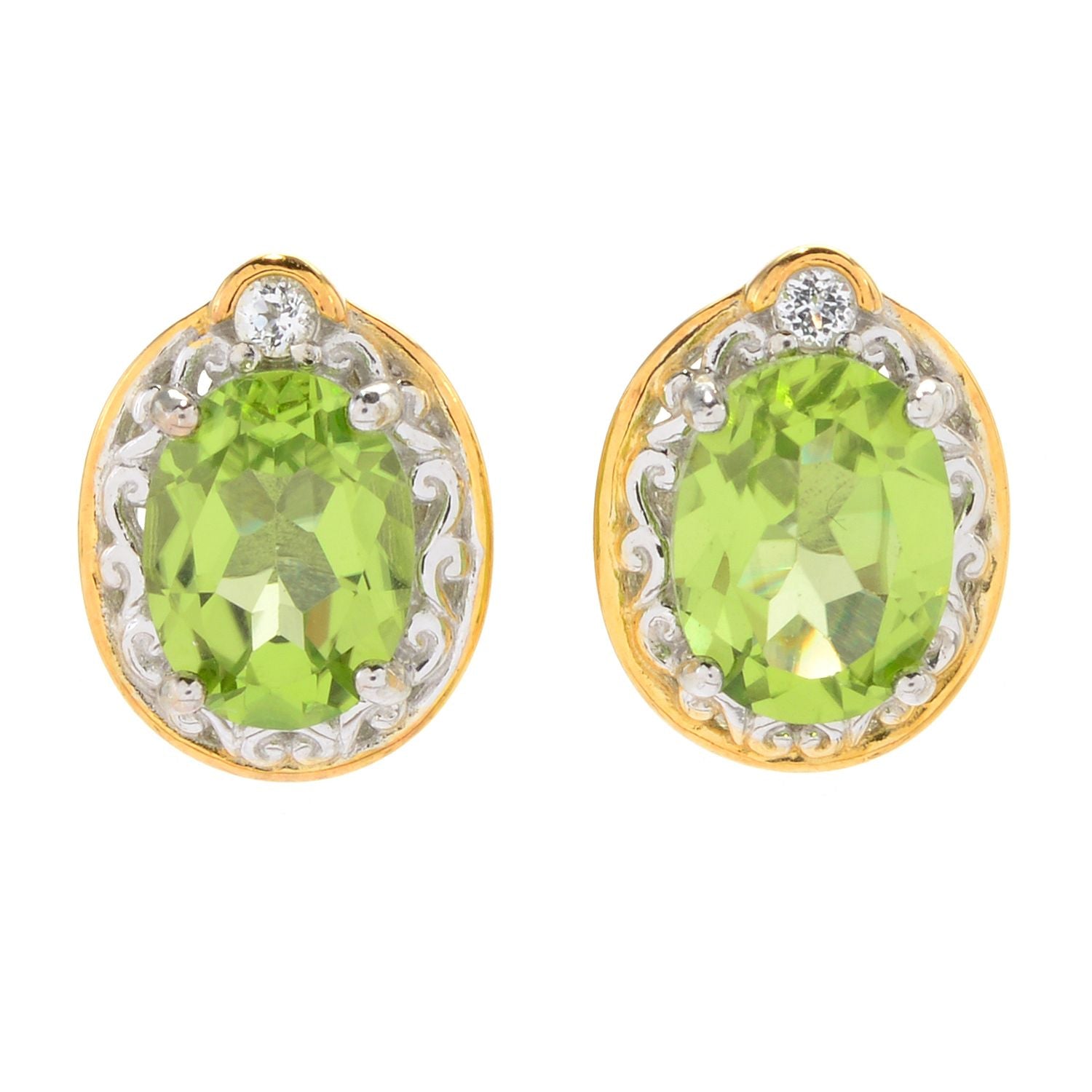 Green Peridot and White Zircon Sterling Silver Stud popular Earrings 3.43CTW