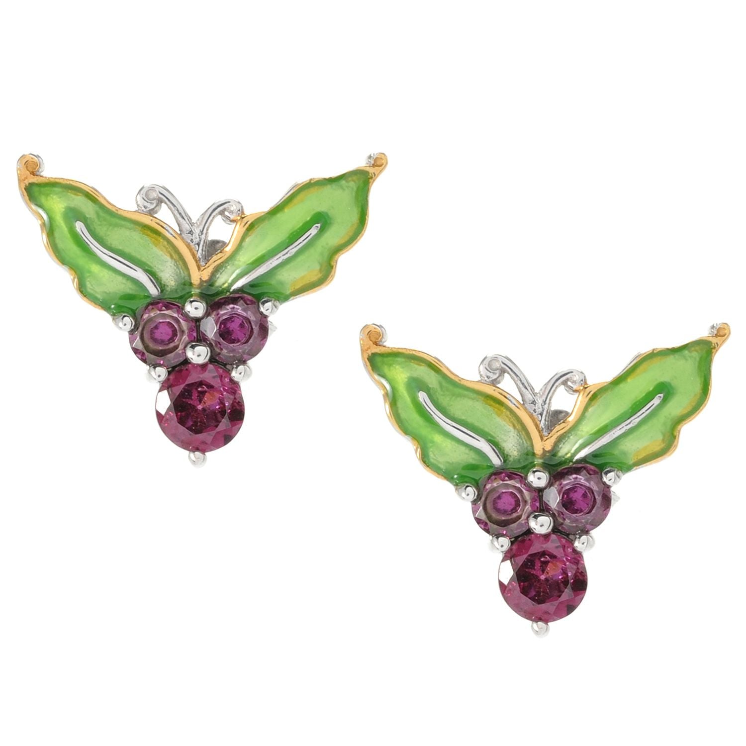 Gems en Vogue 1.30ctw Rhodolite Garnet & Enamel Butterfly Earrings