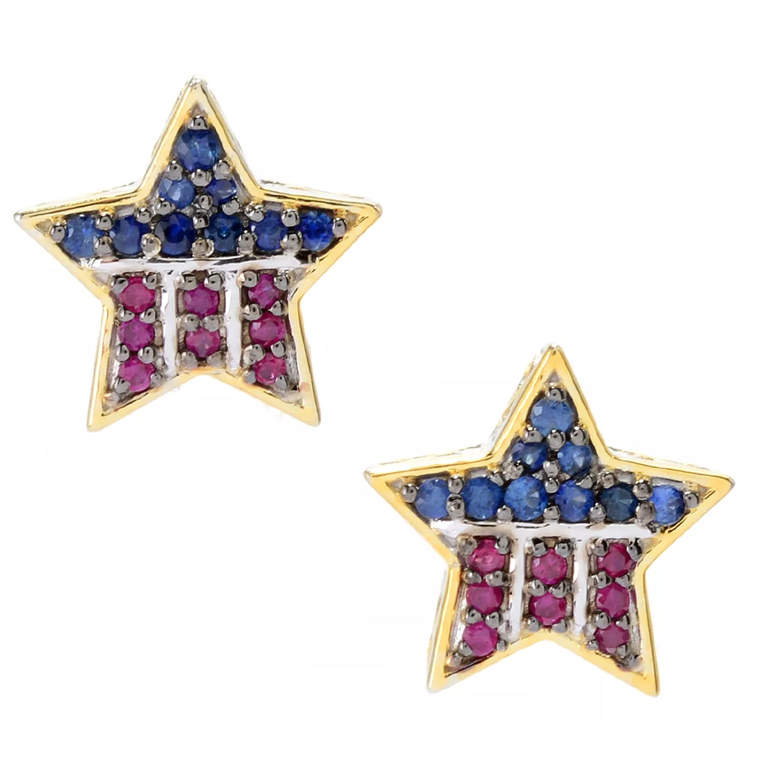 Gems en Vogue 24K Palladium Silver 0.73ctw Ruby & Blue Sapphire American Flag Star Stud Earrings