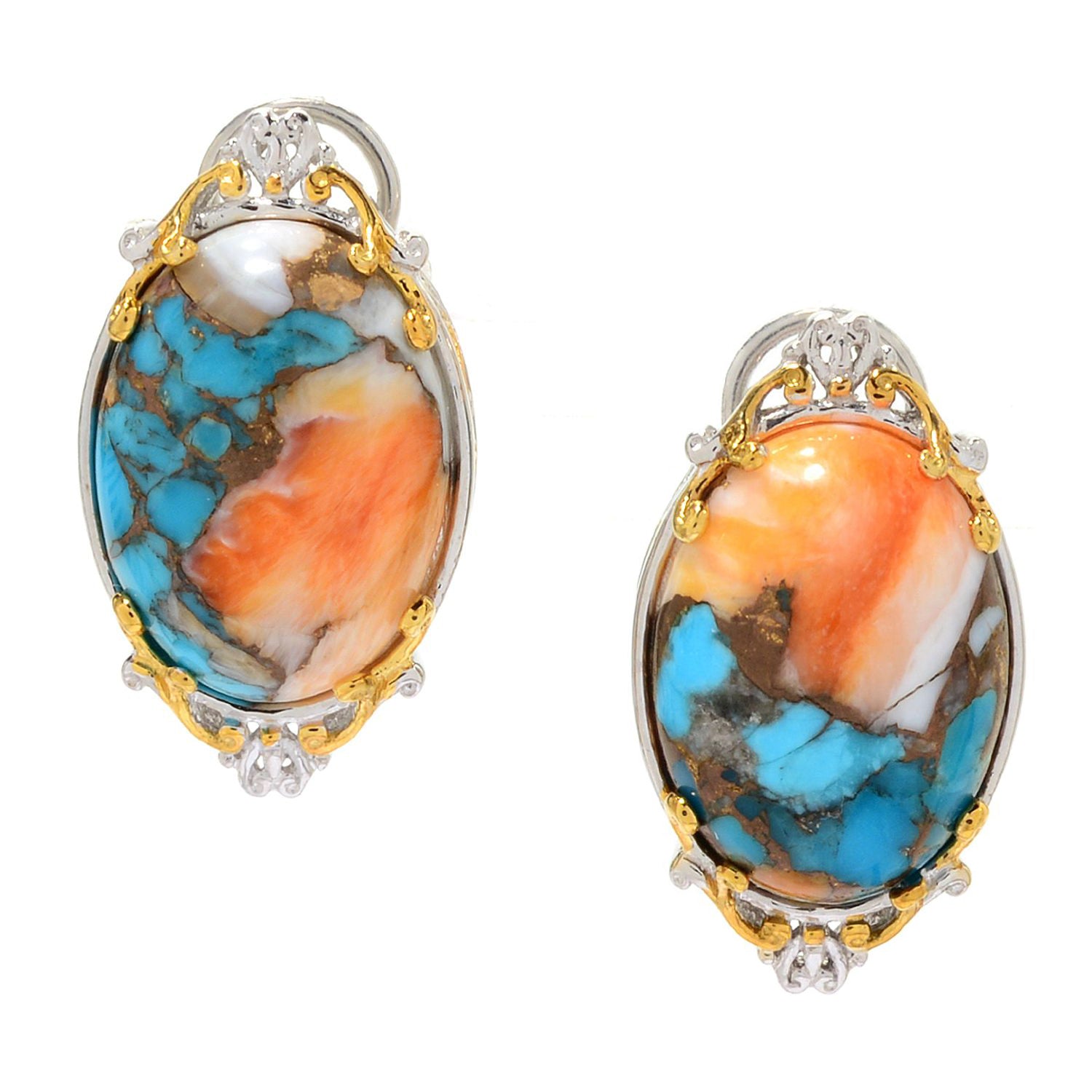 Gems en Vogue Spiny Oyster Turquoise Oval Shaped Omega Back Earrings