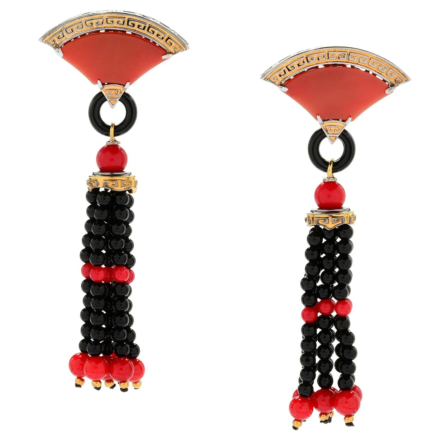 Gems en Vogue Red Chalcedony & Multi Gemstones Asia Collection Fan Tassel Drop Earrings