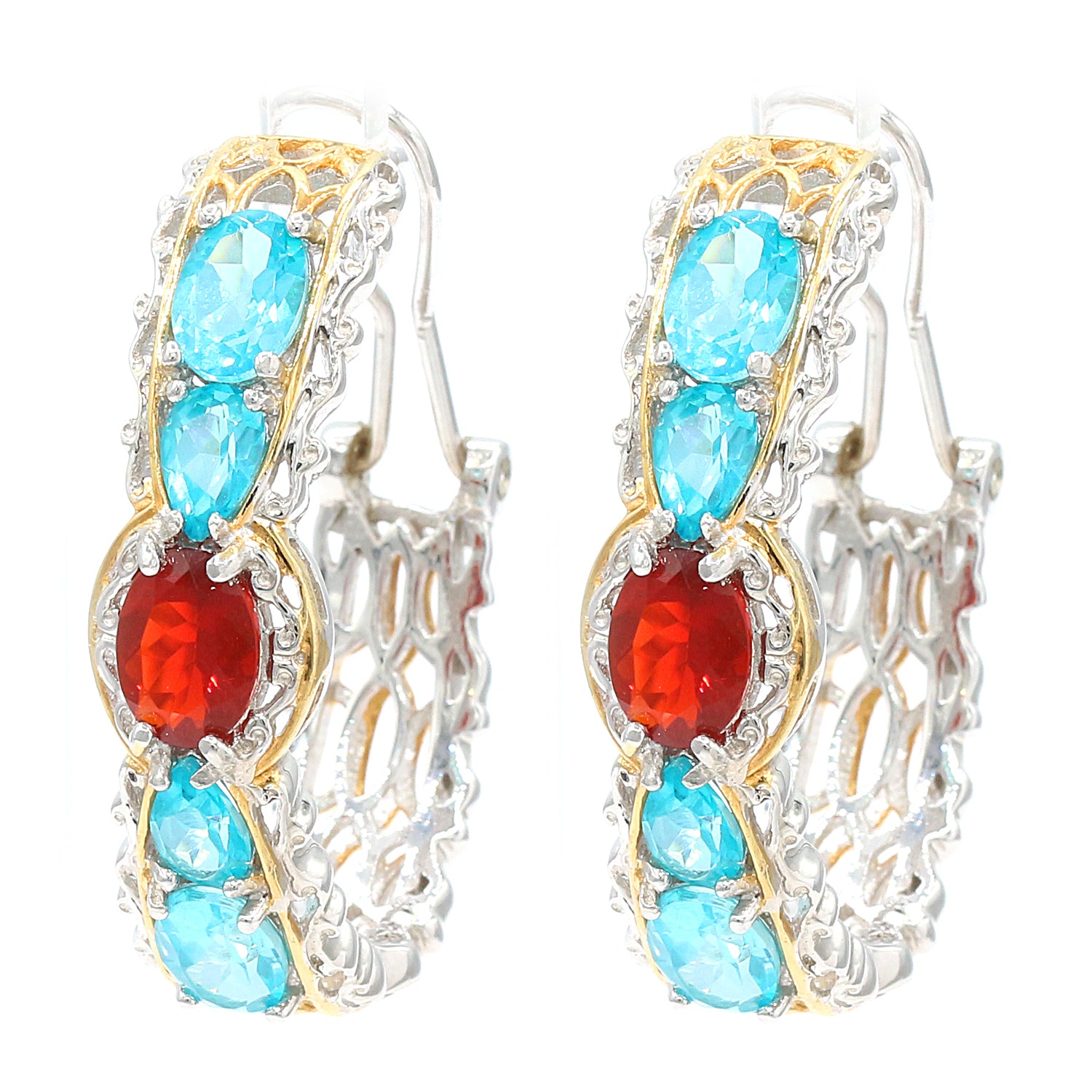 Gems en Vogue 7.40ctw Fire Opal & Paraiba Topaz Hoop Earrings