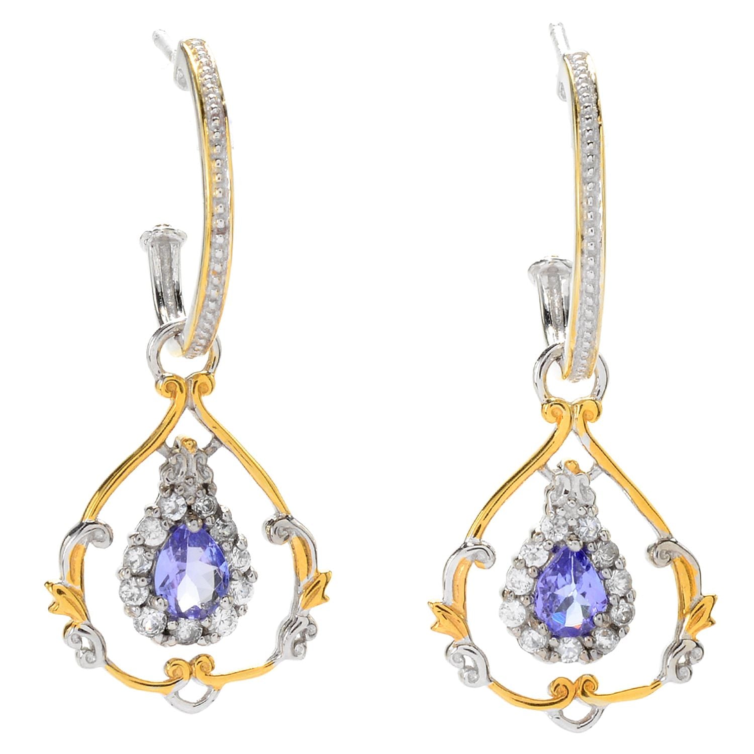 Gems en Vogue 1.10ctw Tanzanite & White Zircon Hoop Earrings