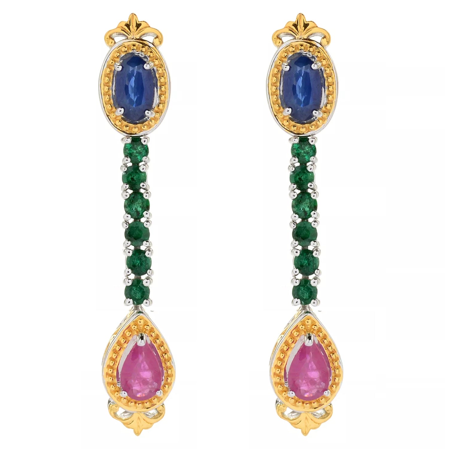 Gems en Vogue 1.56ctw Mozambique Ruby Sapphire & Emerald Dangle Earrings