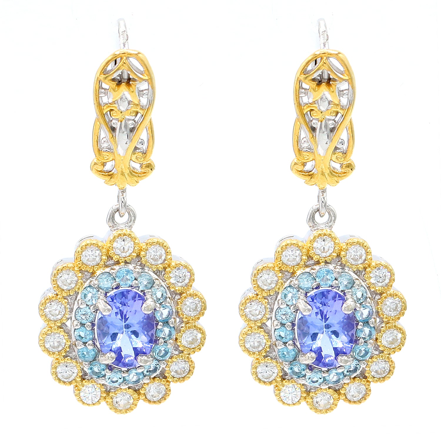 Gems en Vogue 3.85ctw Tanzanite, Swiss Blue Topaz & White Zircon Drop Earrings