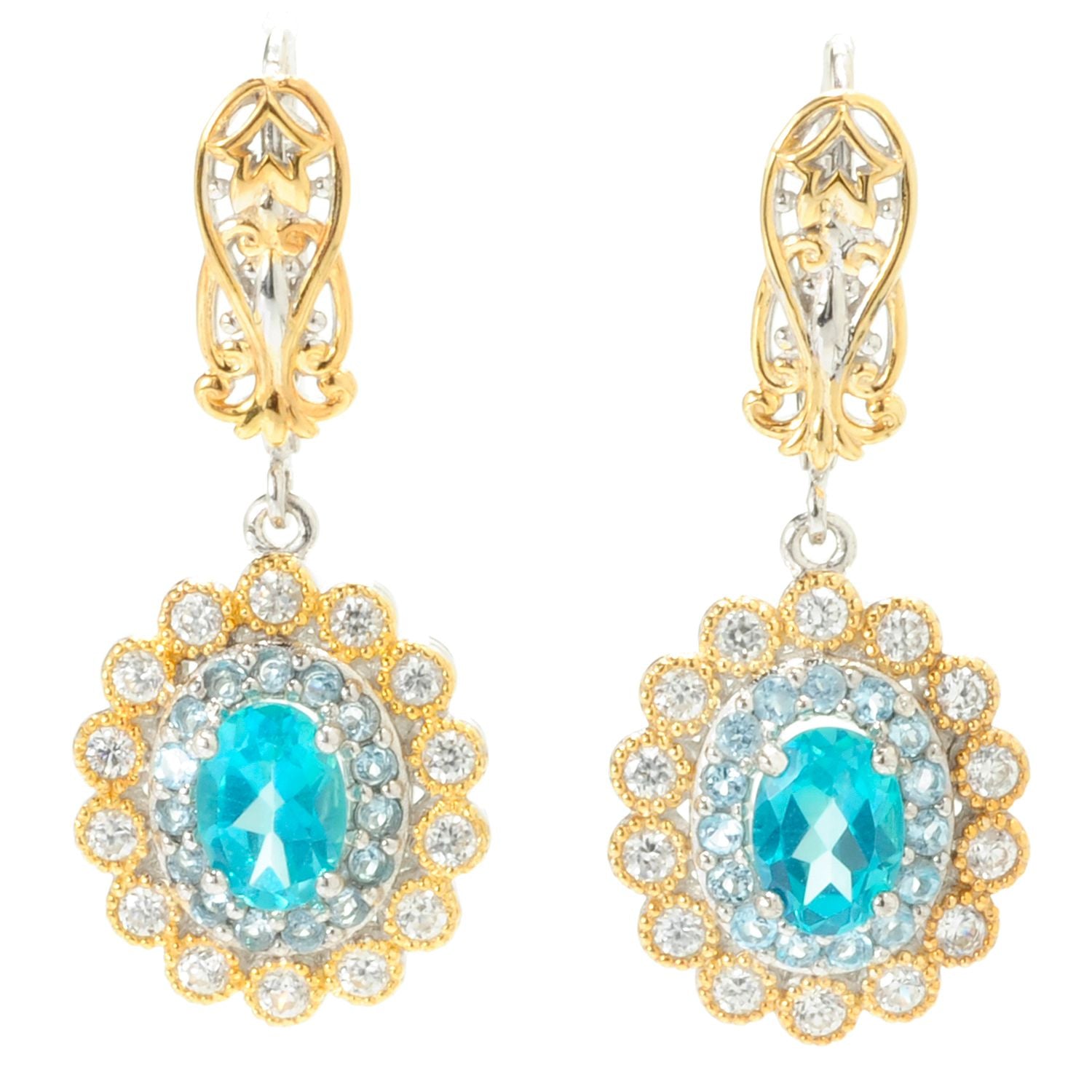 Gems en Vogue 4.13ctw Paraiba Topaz, Swiss Blue Topaz & White Zircon Drop Earrings