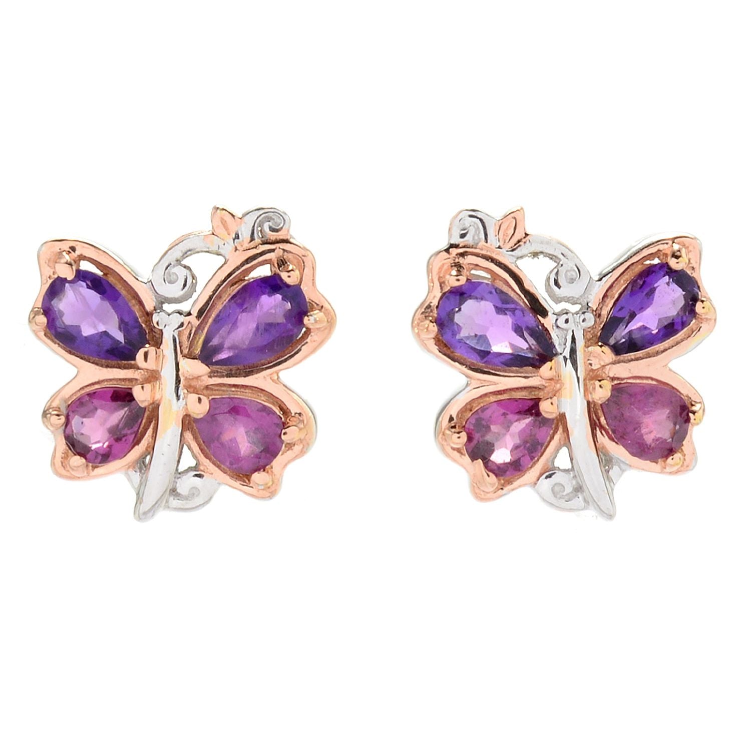 Gems en Vogue 1.45ctw African Amethyst & Rhodolite Garnet Butterfly Critter Earrings