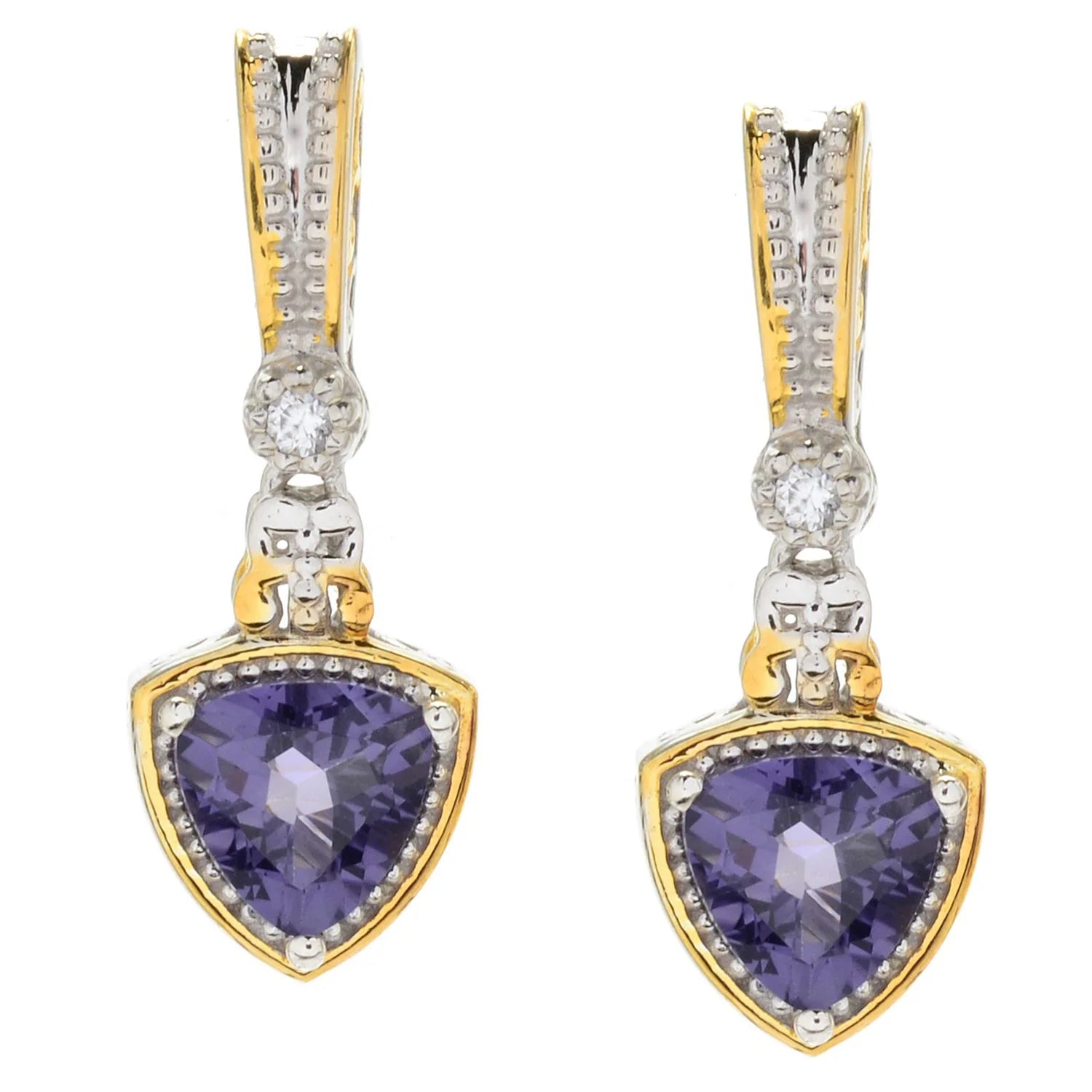 Gems en Vogue 2.10ctw Trillion Blue Amethyst & White Zircon Drop Earrings