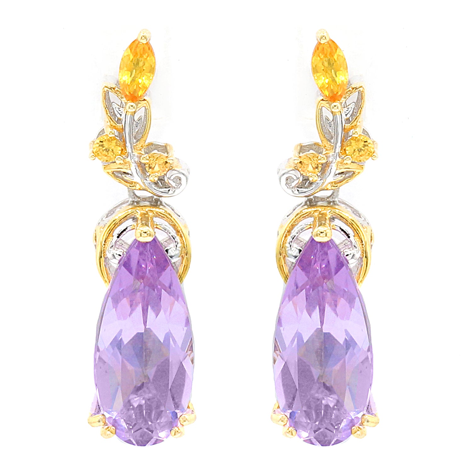 Gems en Vogue 3.78ctw Pink Amethyst & Yellow Sapphire Bypass Feather Earrings