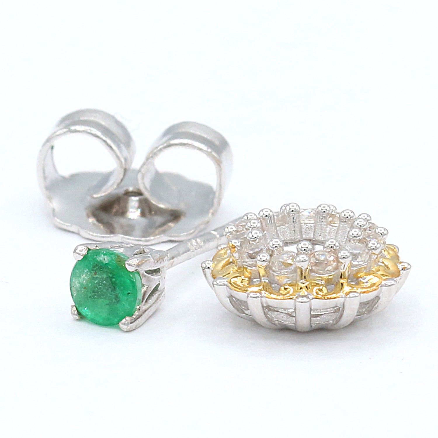 Gems en Vogue 1.05ctw Zambian Emerald & White Zircon Halo Jackets Stud Earrings