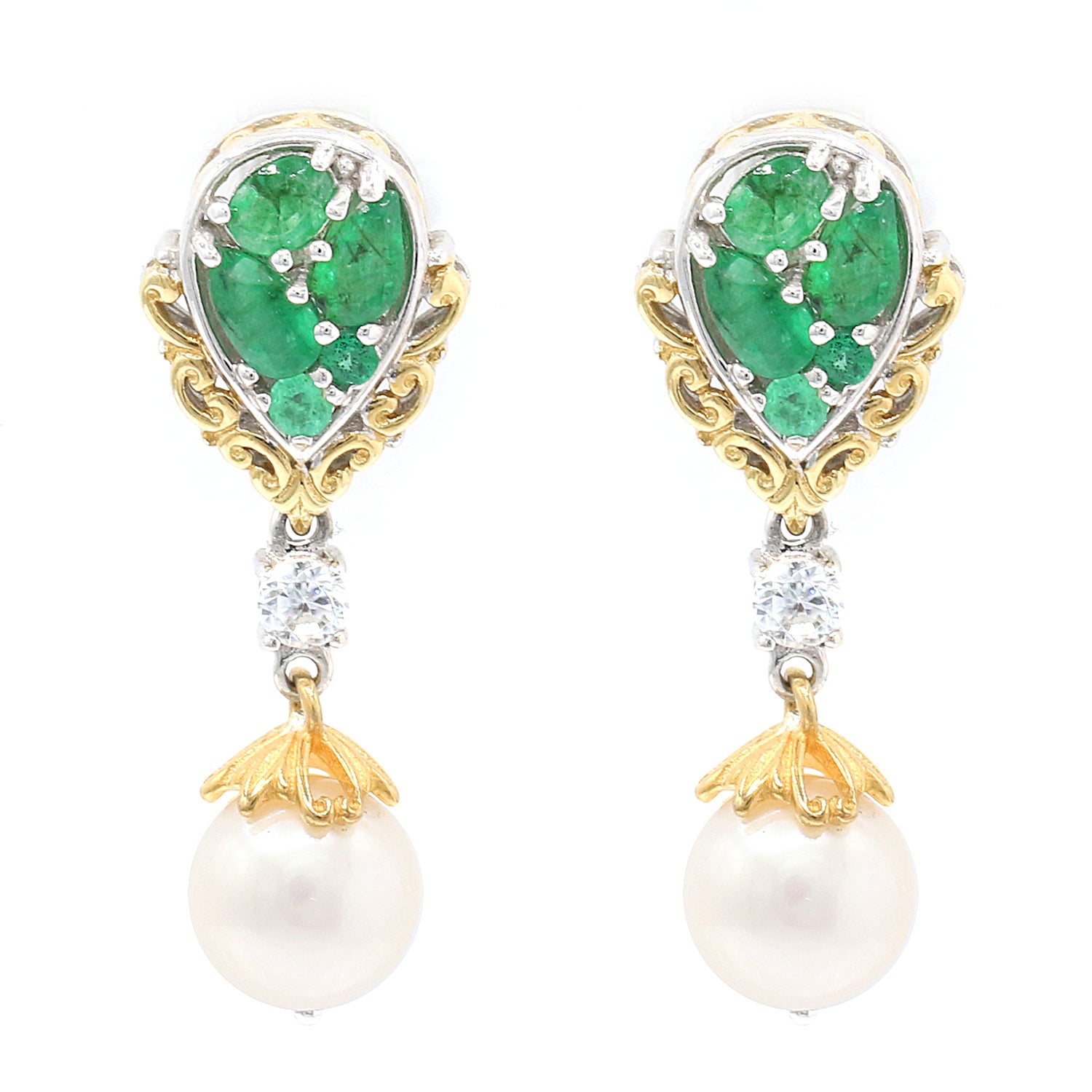 Gems en Vogue 9.70ctw White Pearl, Emerald & White Zircon Drop Earrings