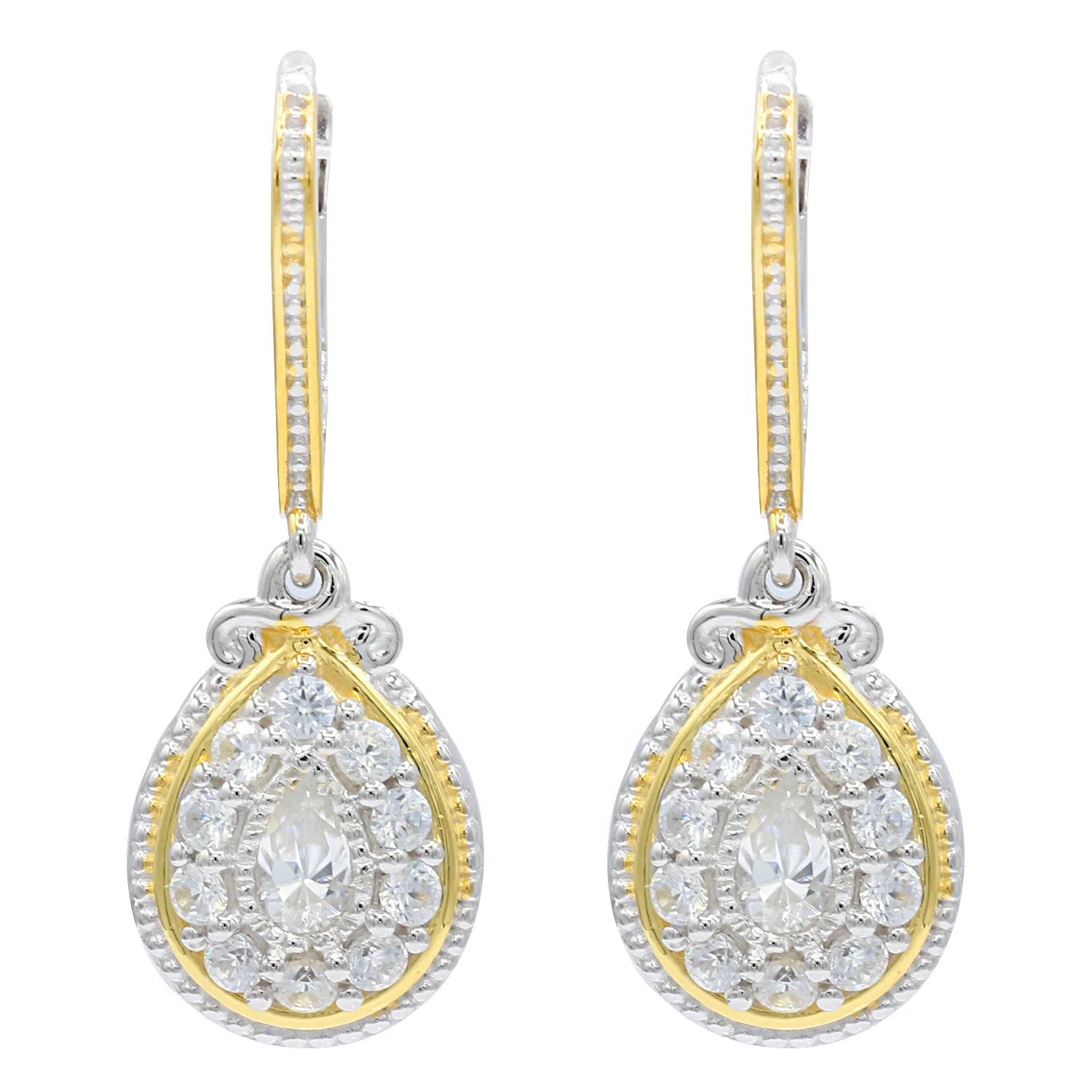 Gems en Vogue 1.84ctw Pear White Zircon Halo Drop Earrings