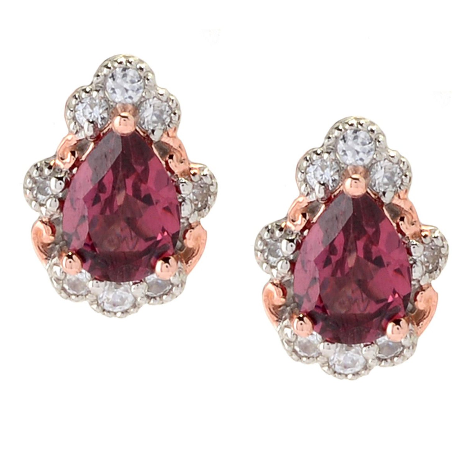 Gems en Vogue 2.16ctw Pearshaped Plum Rhodolite & White Zircon Stud Earrings